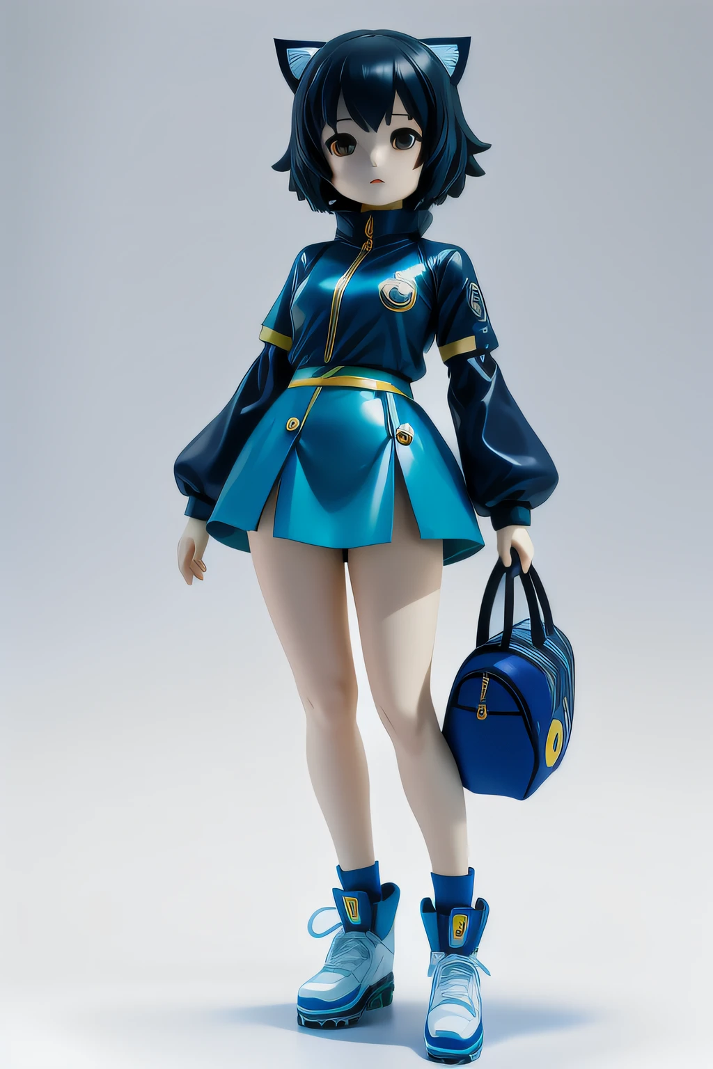 Arafard image of a girl dressed in blue and yellow, render of a cute 3d anime girl, Also, Whole body 1 / 6 nihei tsutomu, anime styled 3d, author:Kentaro Miura, fubuki, pop up parade figure, nendroid, Makoto Shinkai. a digital rendering, chiho aoshima color scheme
