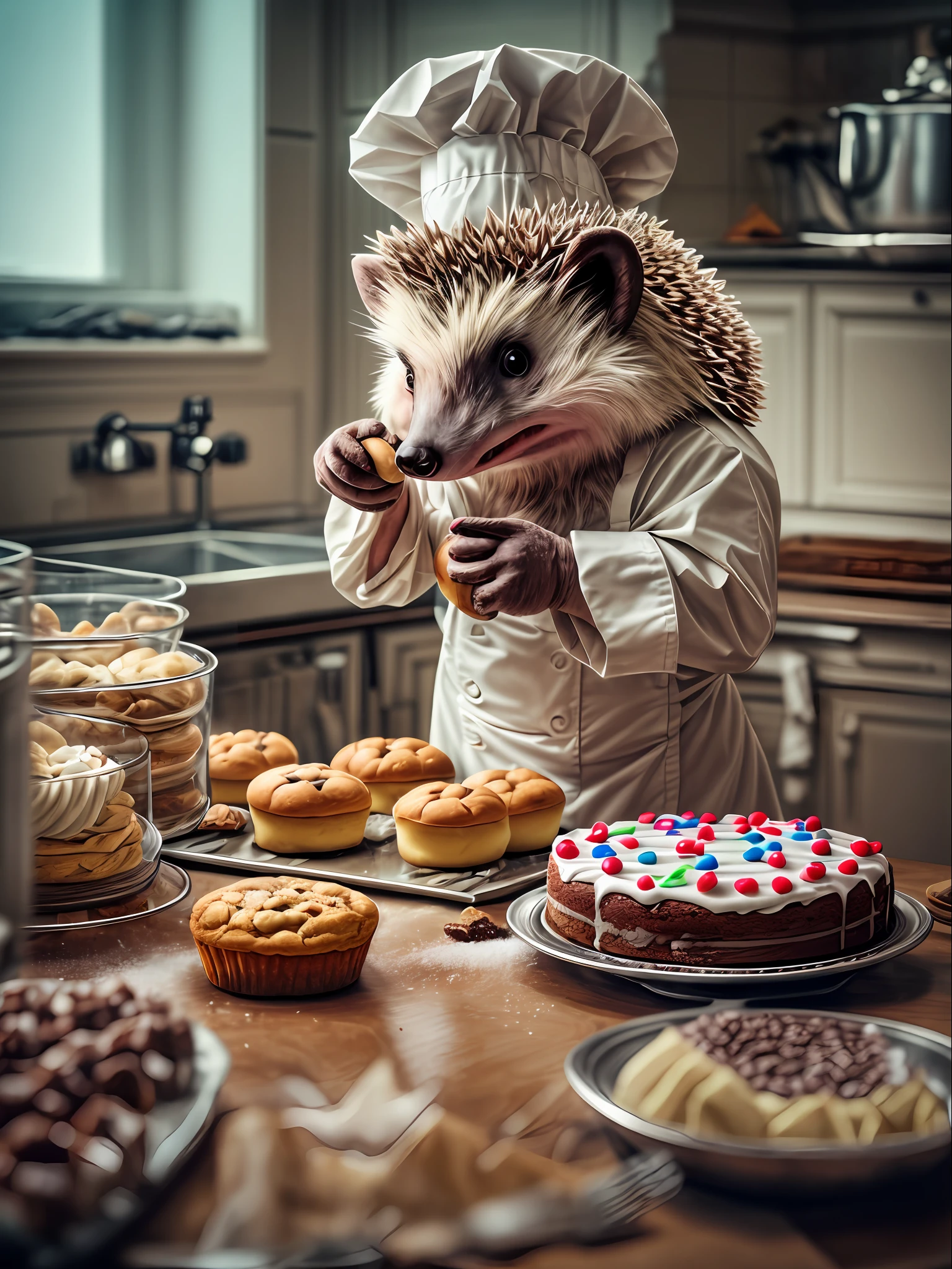 Anthropomorphic hedgehog prepares confectionery in the kitchen, a cake, buns, White Chef's Hood, Lightroom, Cinematic, HDR, Soggy, an intricate, hiquality, Calm tones, Complicated details, low contrast