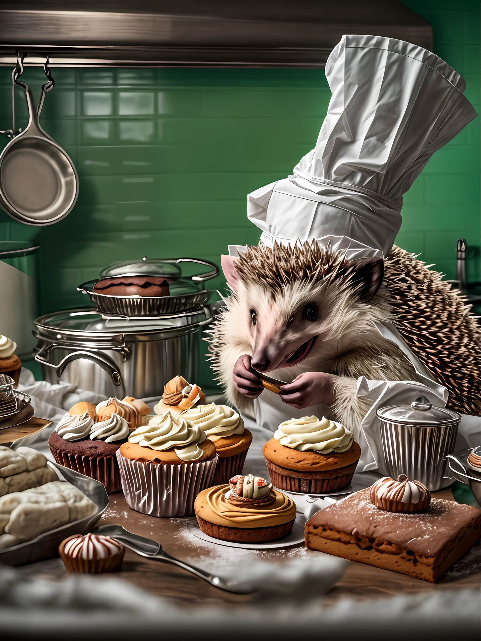 Anthropomorphic hedgehog prepares confectionery in the kitchen, a cake, buns, White Chef's Hood, Lightroom, Cinematic, HDR, Soggy, an intricate, hiquality, Calm tones, Complicated details, low contrast