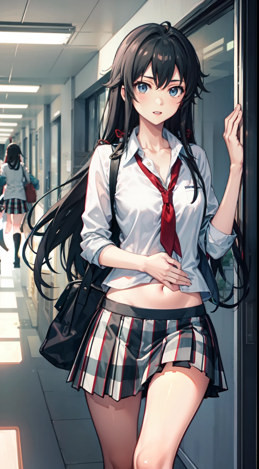 Yukino yukinoshita, long hair, cleavage, navel, slim legs, black hair, blue eyes, short skirt, thigh high socks, , happy, school uniform, corridor, Belly
