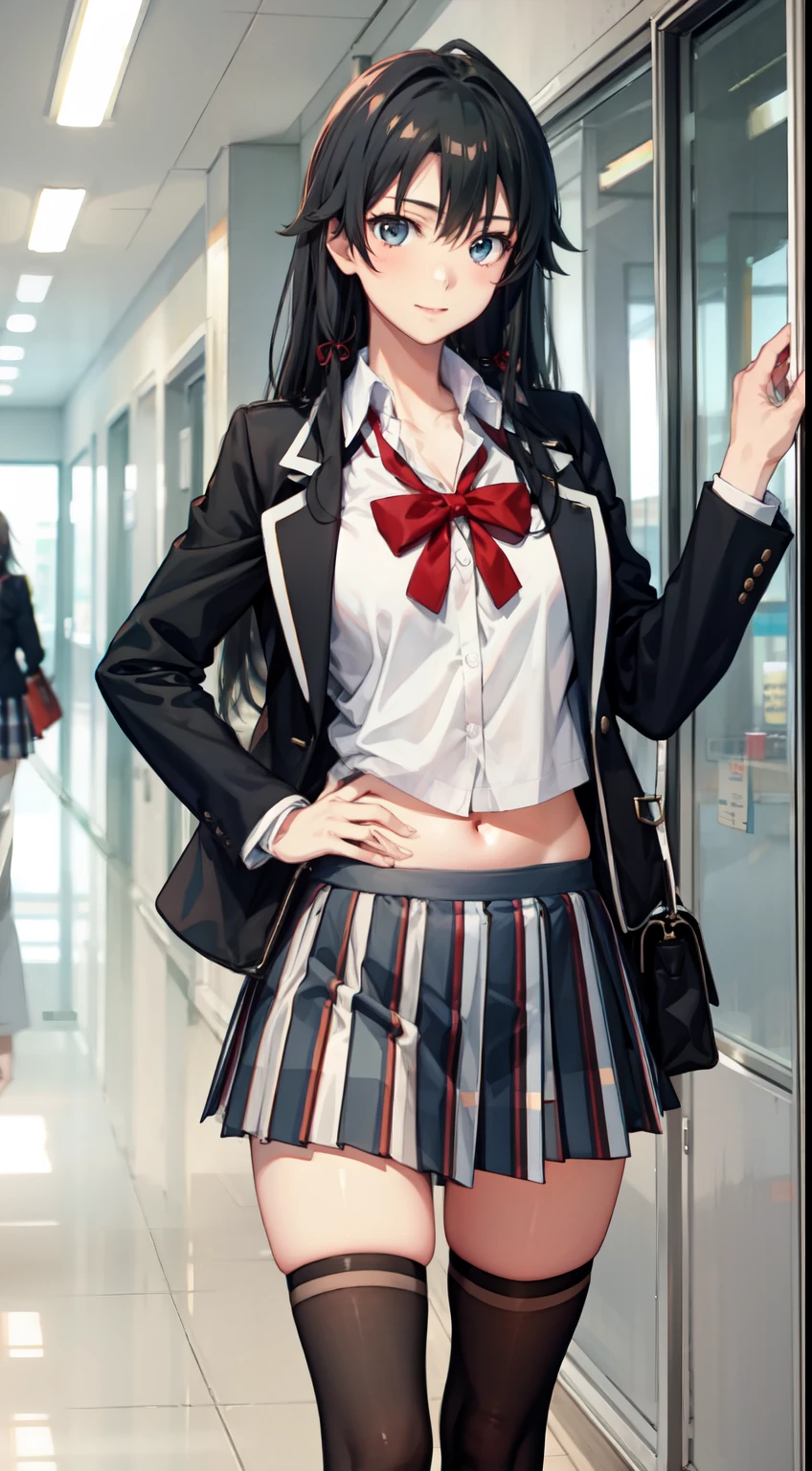 Yukino yukinoshita, long hair, cleavage, navel, slim legs, black hair, blue eyes, short skirt, thigh high socks, , happy, school uniform, corridor, Belly