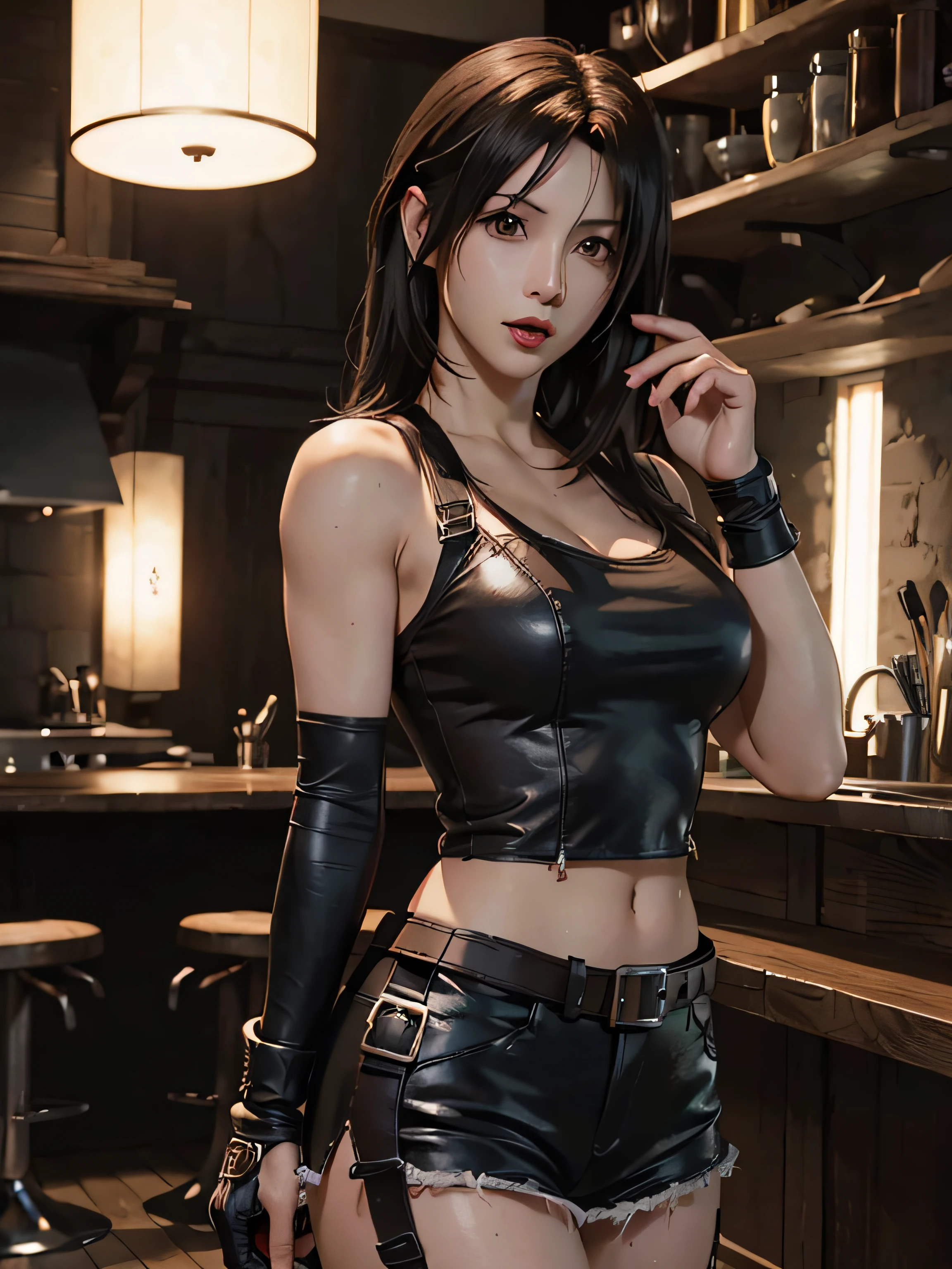 (Tifa Lockhart) as (Cloud Strife), 1girl, long dark ash brown hair, official art, unity 8k wallpaper, ultra detailed, aesthetic, masterpiece, best quality, photorealistic, (open mouth) all fours