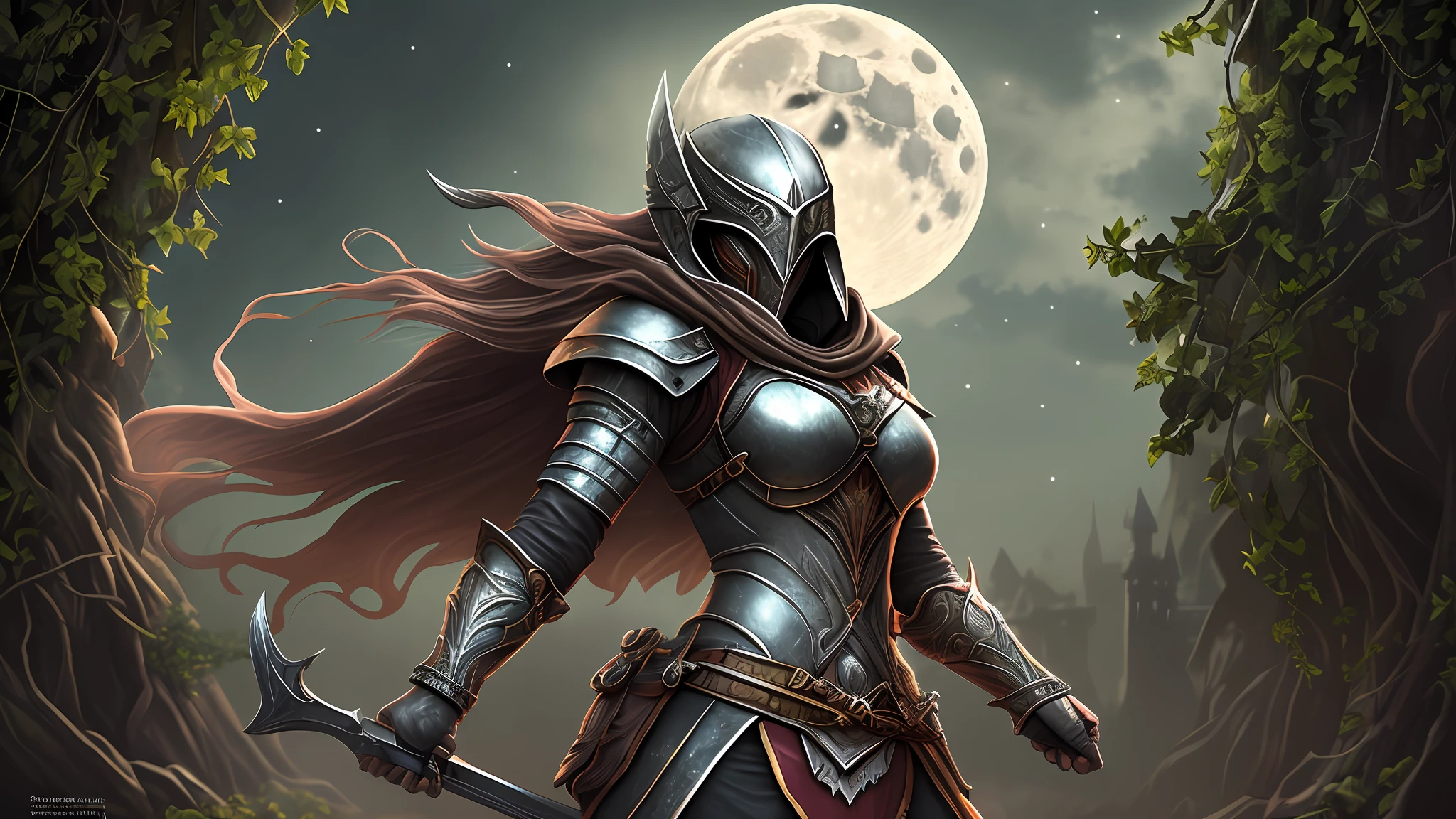 Amidst the ancient ruins of a moonlit citadel, a lone female warrior, clad in sleek black leather armor, emerges from the shadows. Her armor is adorned with intricate engravings that glimmer in the pale moonlight, giving her an air of mystique and danger. A silver skull mask conceals her face, its hollow eyes reflecting the silvery glow of the moon above. In one hand, she holds a pair of razor-sharp daggers, their blades glinting like slivers of moonlight. The citadel's stone walls are covered in ivy and bathed in the soft, ethereal light, casting eerie yet beautiful patterns on the ground. As she moves with grace and lethal precision, her every step seems to echo with a whispered promise of shadows and secrets. hyperrealism, ultra sharp details, hyperrealistic, photorealistic render, cinematic lighting, 8K ultra HD, artstation, raytracing reflections --auto --s2