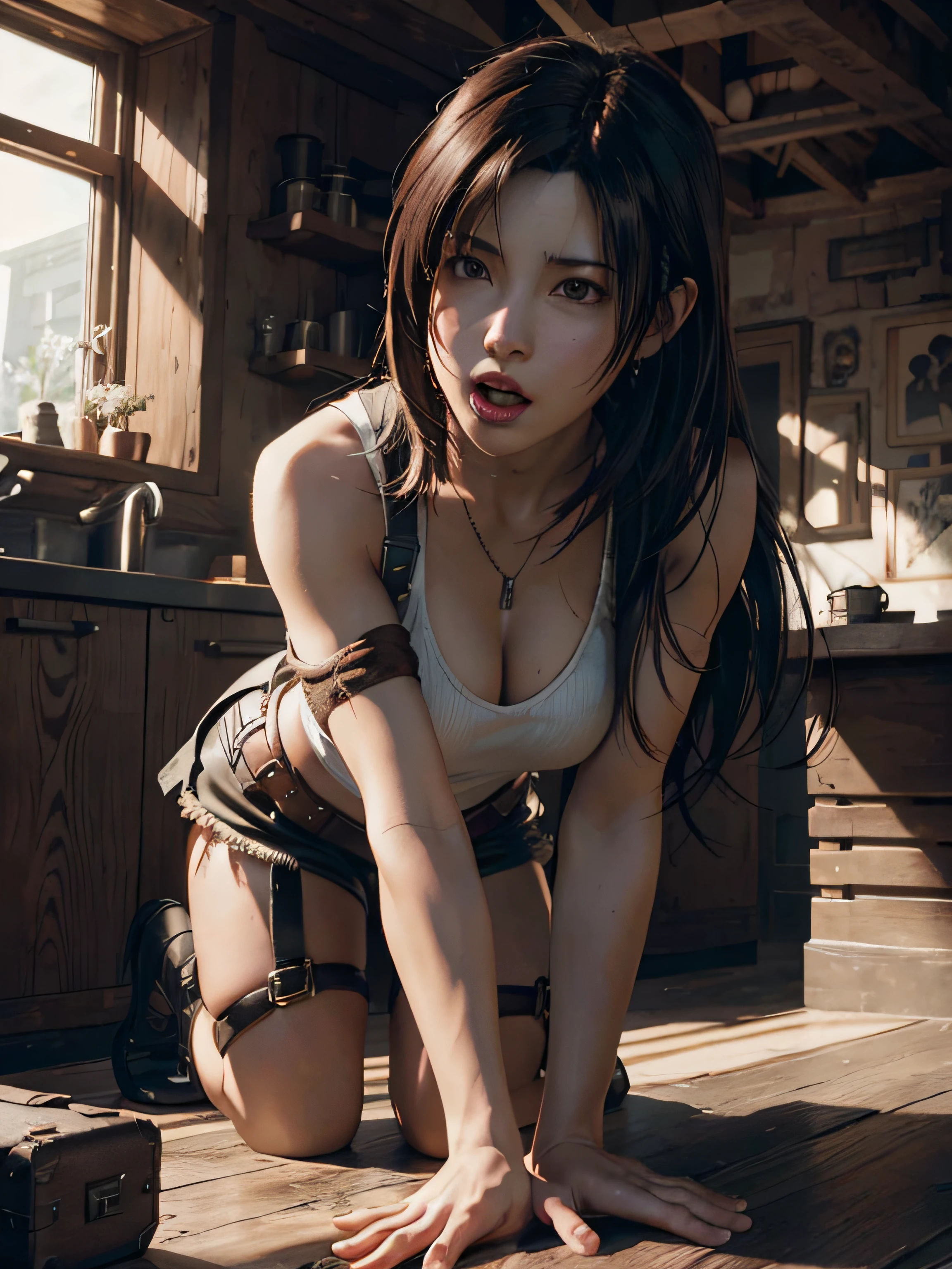 (Tifa Lockhart) as (Cloud Strife), 1girl, long dark ash brown hair, official art, unity 8k wallpaper, ultra detailed, aesthetic, masterpiece, best quality, photorealistic, (open mouth) 