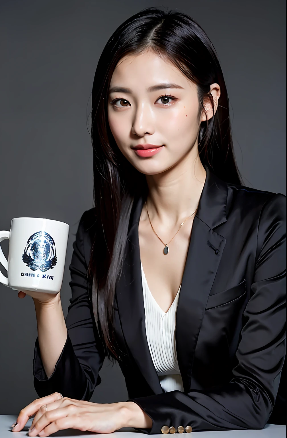 (Best quality, 8k, 32k, Masterpiece, UHD:1.2),Photo of Pretty Japanese woman,(detailed face:1.1), simple black suit, (looking at viewer:1.1),upper body,necklace,dress shirt,skirt,holding mug,reaching out,smile