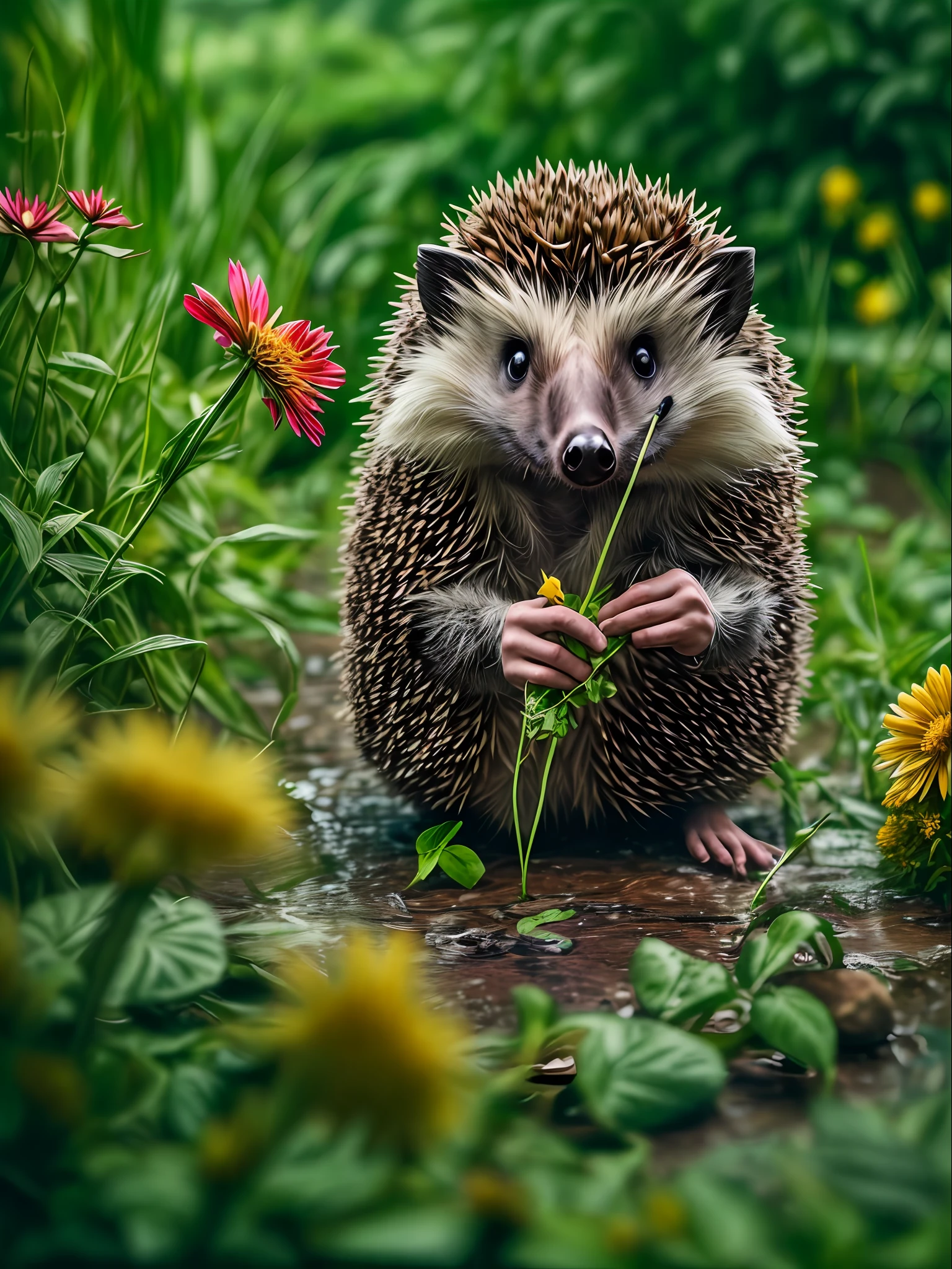 Anthropomorphic hedgehog plucking flowers in the garden, Lightroom, Cinematic, HDR, Soggy, an intricate, hiquality, Calm tones, Complicated details, low contrast