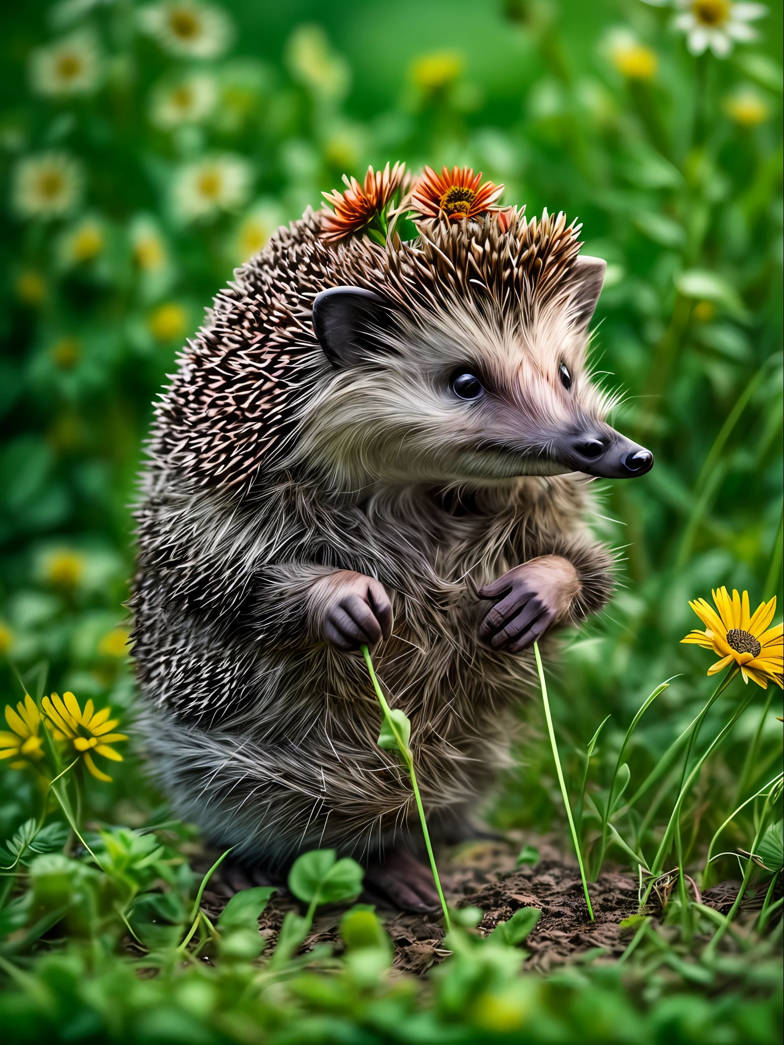 Anthropomorphic hedgehog plucking flowers in the garden, Lightroom, Cinematic, HDR, Soggy, an intricate, hiquality, Calm tones, Complicated details, low contrast