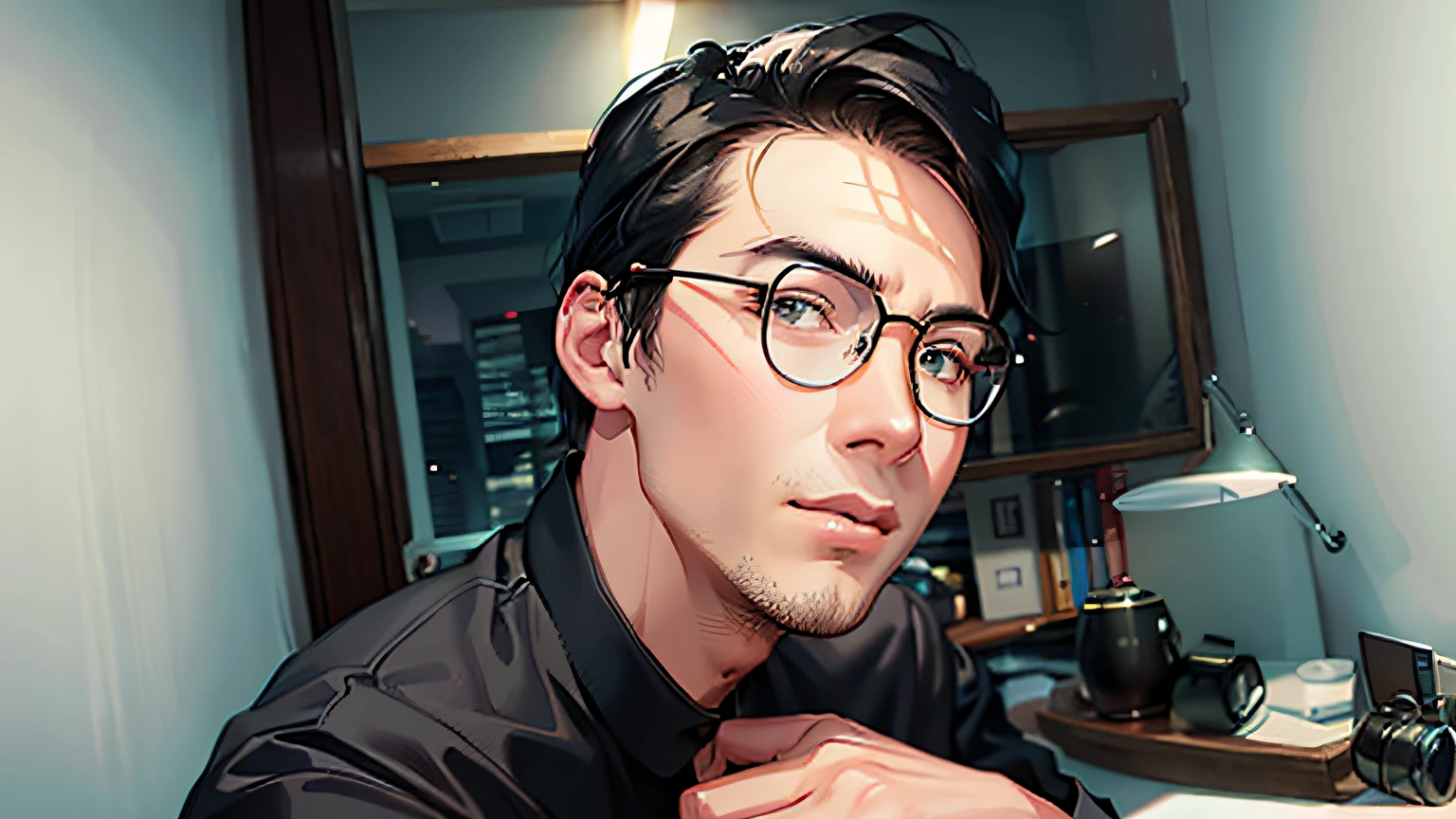 There was a man with glasses and a black shirt