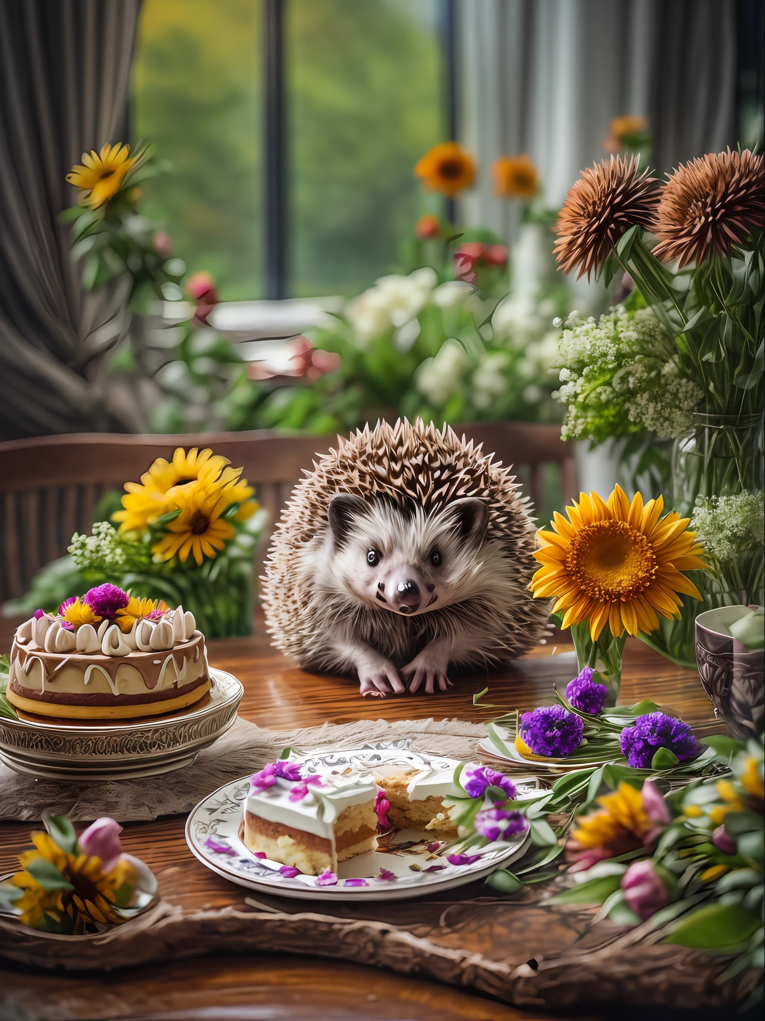 Anthropomorphic hedgehog sitting at the table, On the table is a delicious cake and a bouquet of flowers, Lightroom, Cinematic, HDR, Soggy, an intricate, hiquality, Calm tones, Complicated details, low contrast