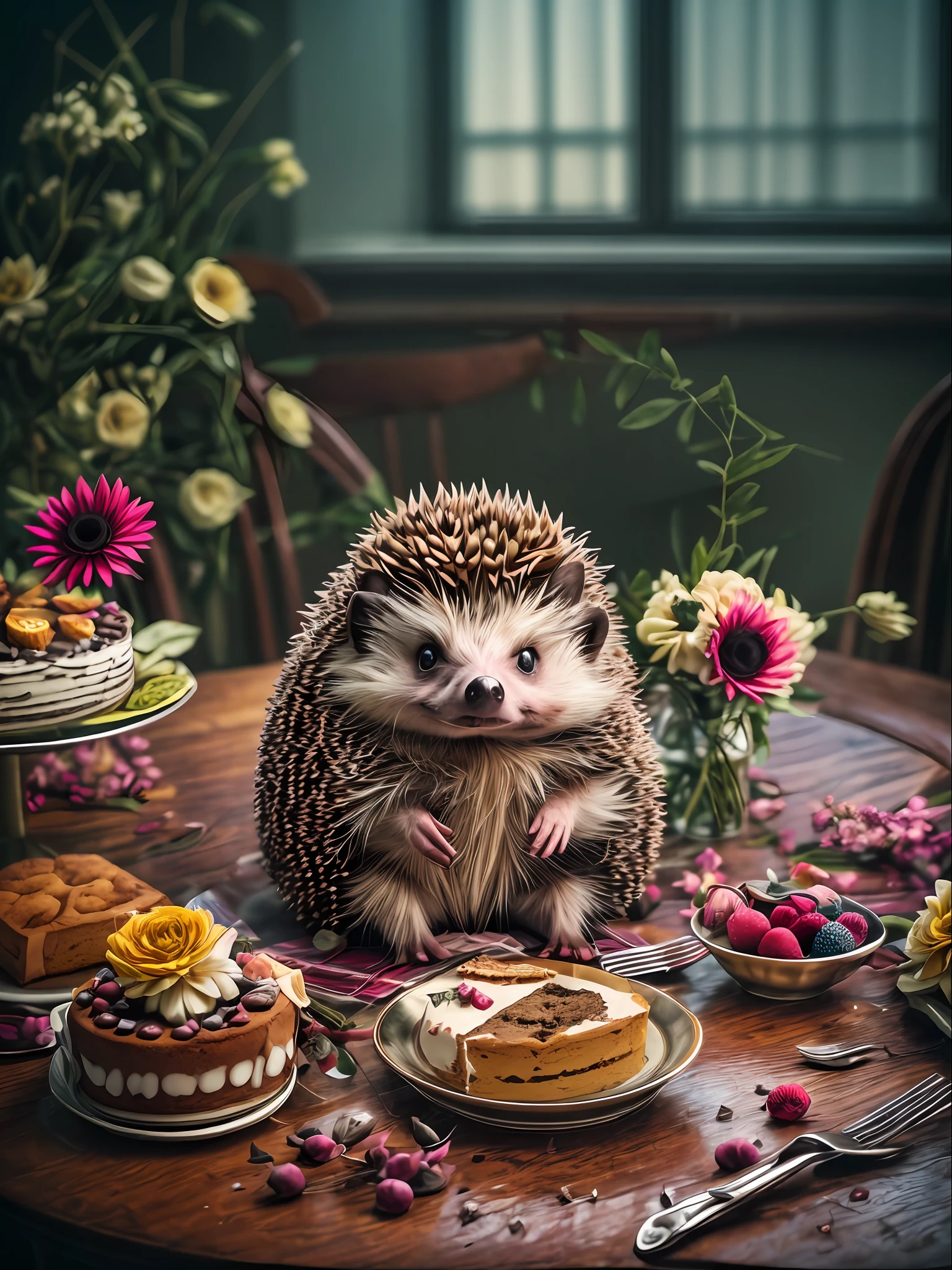 Anthropomorphic hedgehog sitting at the table, On the table is a delicious cake and a bouquet of flowers, Lightroom, Cinematic, HDR, Soggy, an intricate, hiquality, Calm tones, Complicated details, low contrast