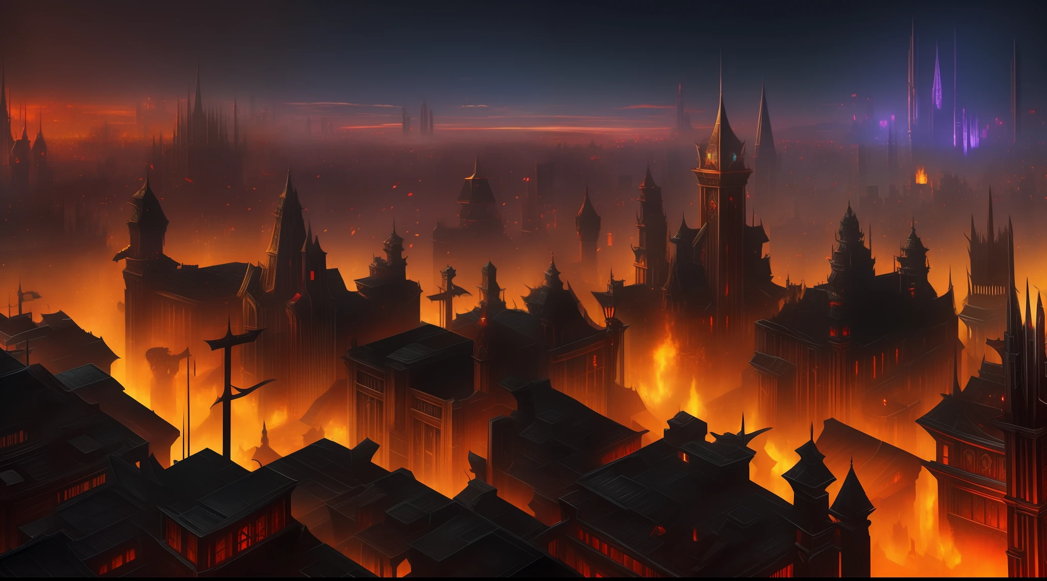 "diablo 3 cityscape, immersive and detailed, vibrant colors, bustling streets, towering buildings, dark and atmospheric, urban chaos, medieval-fantasy metropolis"