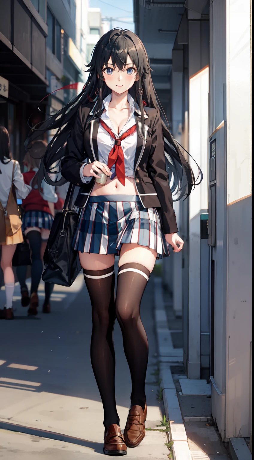 Yukino yukinoshita, long hair, cleavage, navel, slim legs, black hair, blue eyes,  short skirt, thigh high socks, teen, happy, school uniform, corridor, Belly, full body