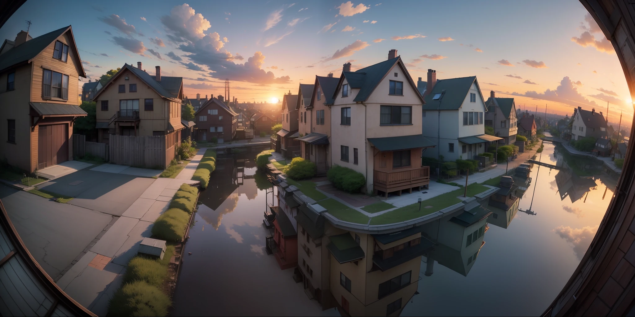 An anime scene that takes place in Brooklyn and has sunset humor. landscape with only houses and architectures. camera closer fisheye lens style. variation in architectural style, not repeat design. old houses and clay roofs. with details of pipes, vegetation and things from the natural world