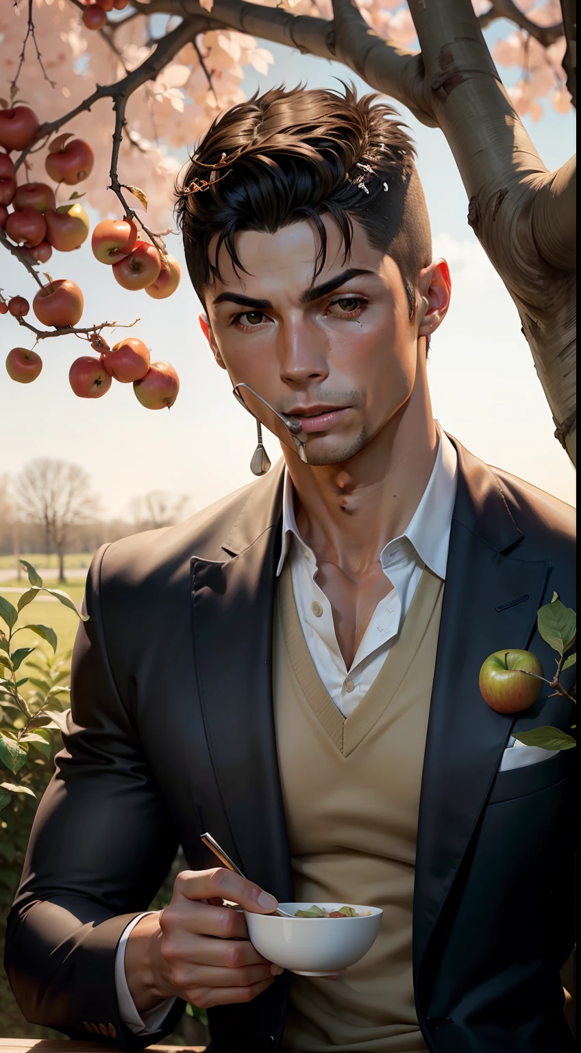 Cristiano Ronaldo eating broth next to an apple tree