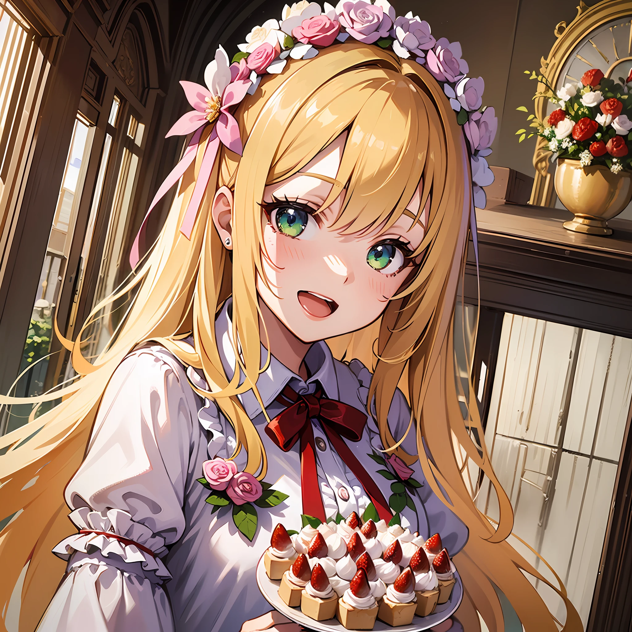 (masterpiece:1.3), (best quality:1.3), high resolution,
dutch angle, overlook view, upper body,
body facing forward,
(one cute girl:1.3), solo,
white skin, small Breast, eight-headed person,
light yellow hair, long hair, red ribbon, fluffy hair, beautiful hair, green eyes, beautiful detailed eyes,
open mouth, cheerful smile,
frilled dress, pink dresses, (shortcake:1.3), (large wedding cake:1.3),
indoors, inside the castle, luxury rooms,
shadowlighting,