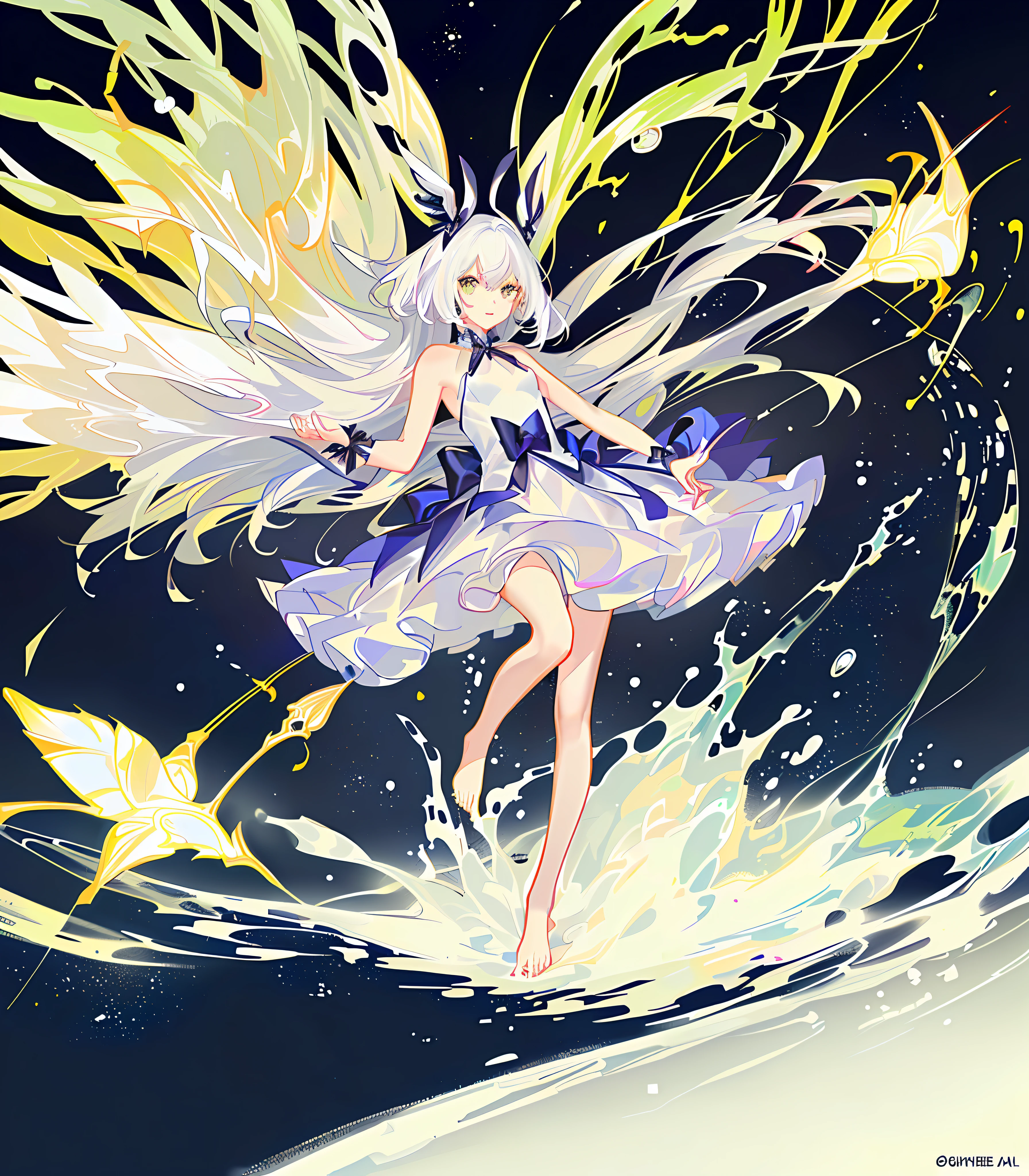 White shoes，（tmasterpiece，best qualtiy：1.2），（Super meticulous），（illustratio），Wallpapers，Original，1girll，Messy white hair，thin shoulder strap，White dress，Bare legged，Barefoot，Bare arms，full bodyesbian，（Surrounded by colorful splashes and dots），Colored bubbles，（Shiny）high-definition picture quality，Chroma contrast contrast