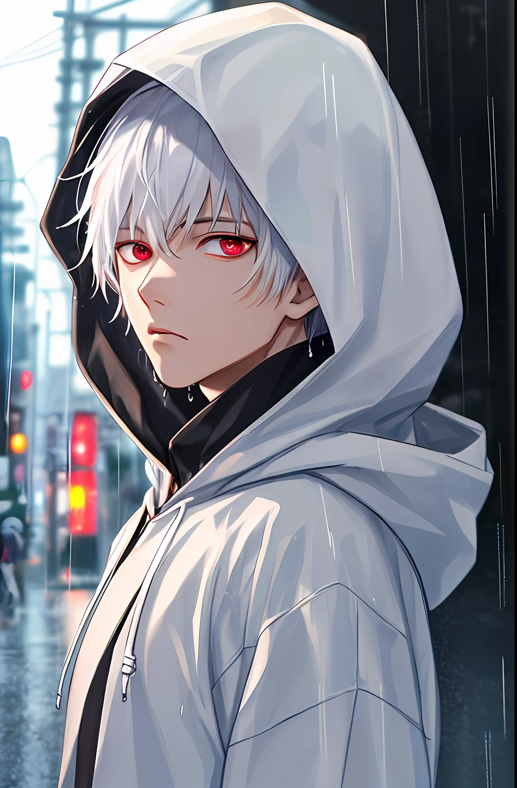 kk, best quality, more details, masterpiece, 1boy, kaneki ken, portrait, male focus, red eyes, solo, bangs, looking at viewer, hood, short hair, rain, tokyo tokyo \(city\),  hood up, nail polish, white hair, luxurious, 8k, detailed, ray tracing, depth of field, cinematic lighting,