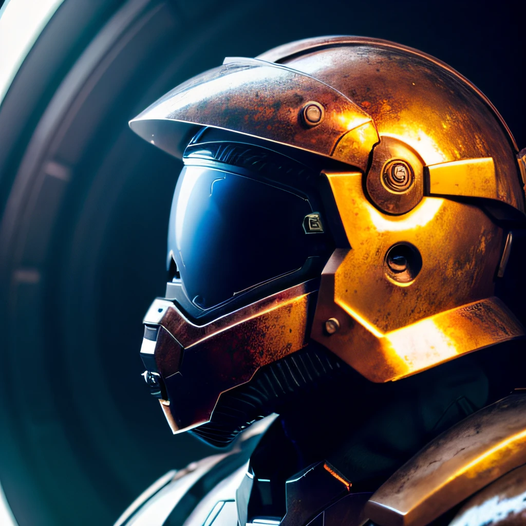 man with halo armor, in a space base,lightly rusty halo armor, professional photo, milky way
