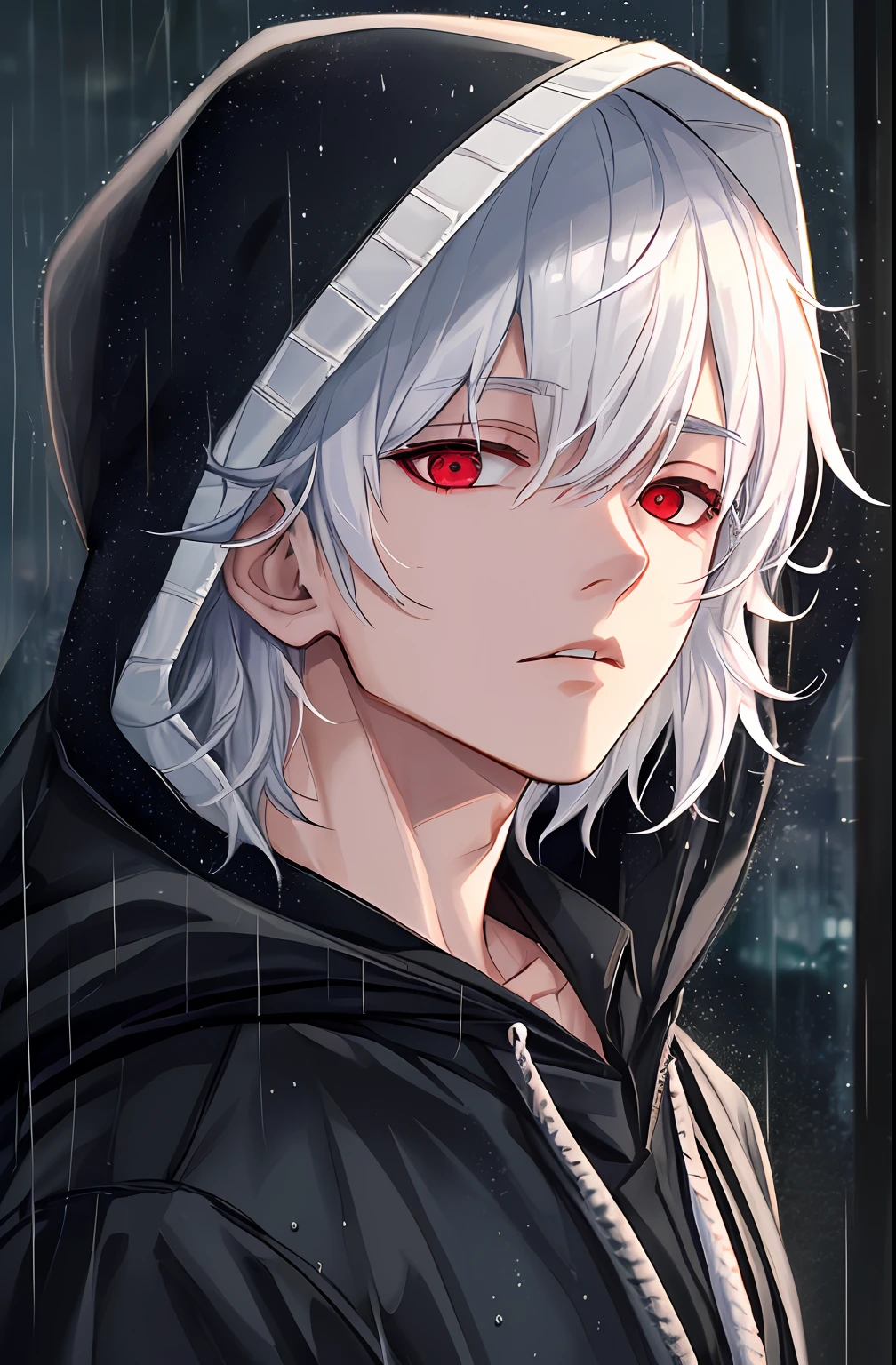 kk, best quality, more details, masterpiece, 1boy, kaneki ken, portrait, male focus, red eyes, solo, bangs, looking at viewer, hood, short hair, rain, tokyo tokyo \(city\), hood up, nail polish, white hair, luxurious, 8k, detailed, ray tracing, depth of field, cinematic lighting,