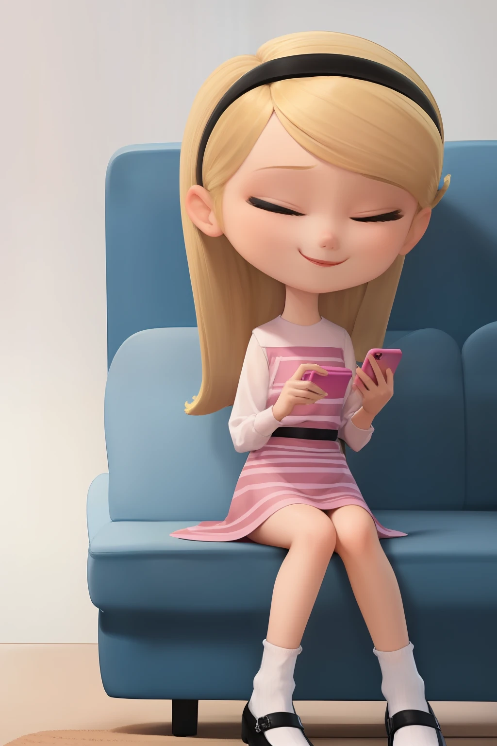 1girl, female_solo,, full body, blonde hair, hairband, pink dress, blue eyes, wearing white tube socks, showing her white underwear, cute, eyes closed, cute smile, silly, funny, texting on 1pink phone, farting on leather a sofa.