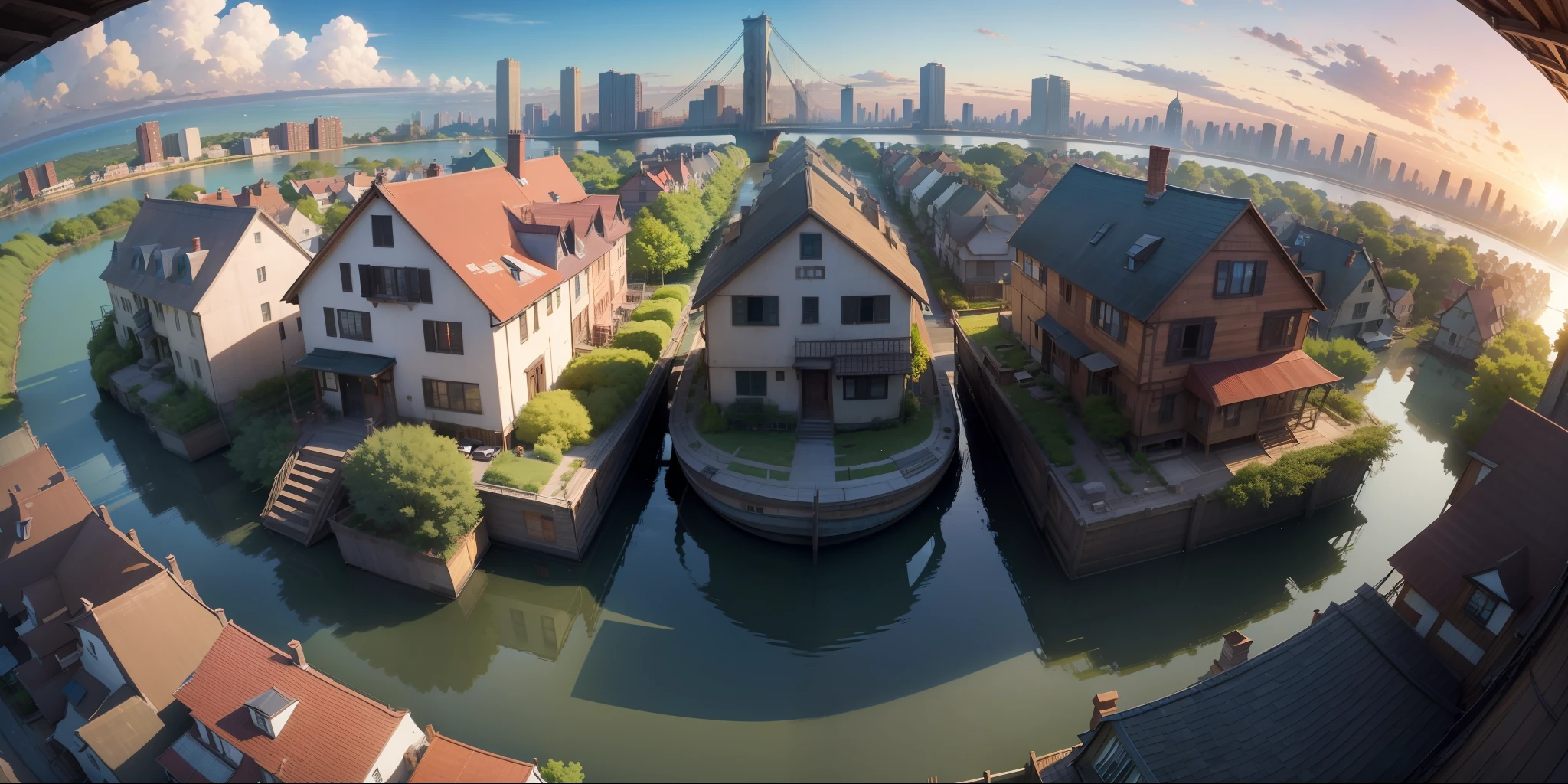 An anime scene that takes place in Brooklyn and has sunset humor. landscape with only houses and architectures. camera closer fisheye lens style. variation in architectural style, not repeat design. old houses and clay roofs. with details of pipes, vegetation and things from the natural world. add small canoes navigating the streets of water