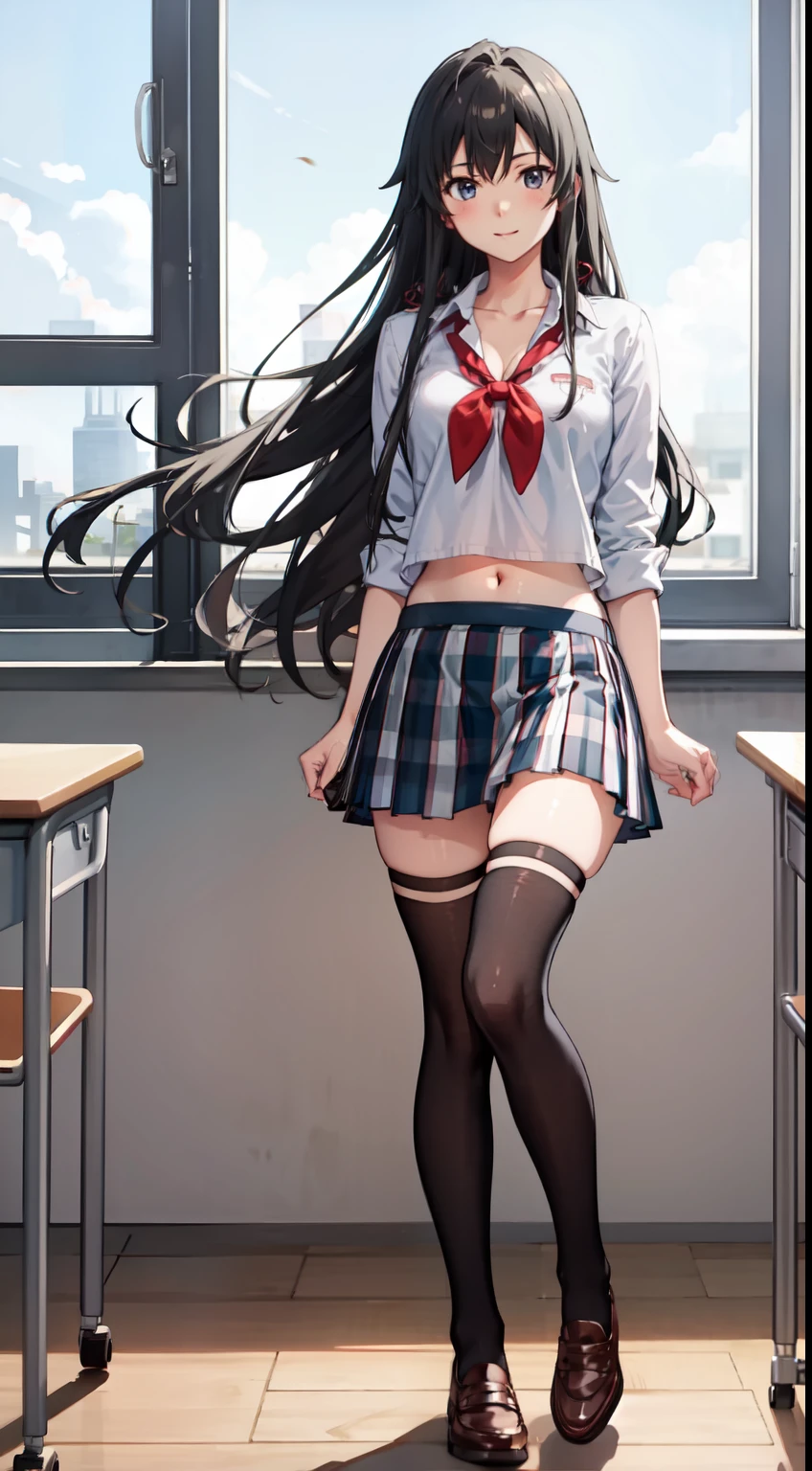 Yukino yukinoshita, long hair, cleavage, navel, slim legs, black hair, blue eyes, short skirt, thigh high socks, , happy, school uniform, classroom, Belly, full body