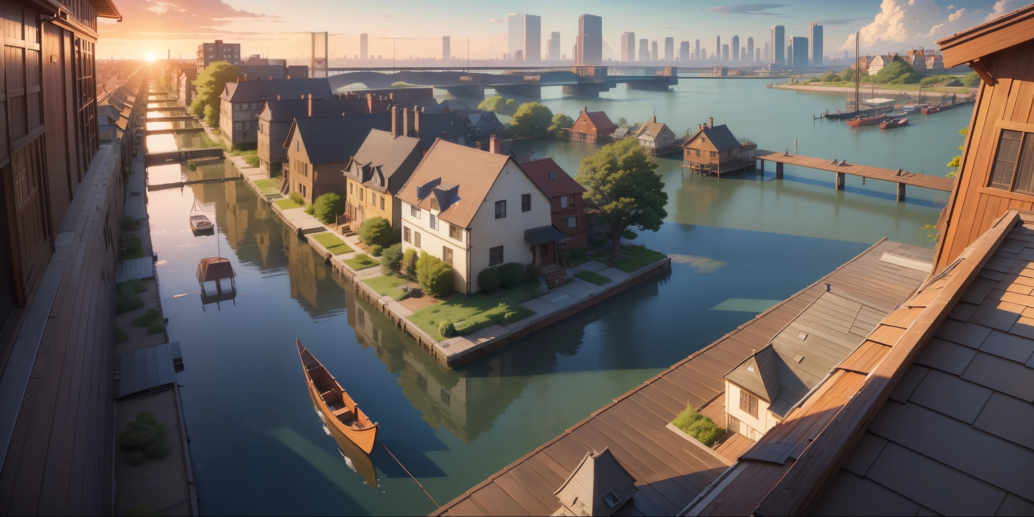 An anime scene that takes place in Brooklyn and has sunset humor. landscape with only houses and architectures. camera closer fisheye lens style. variation in architectural style, not repeat design. old houses and clay roofs. with details of pipes, vegetation and things from the natural world. add small canoes navigating the streets of water