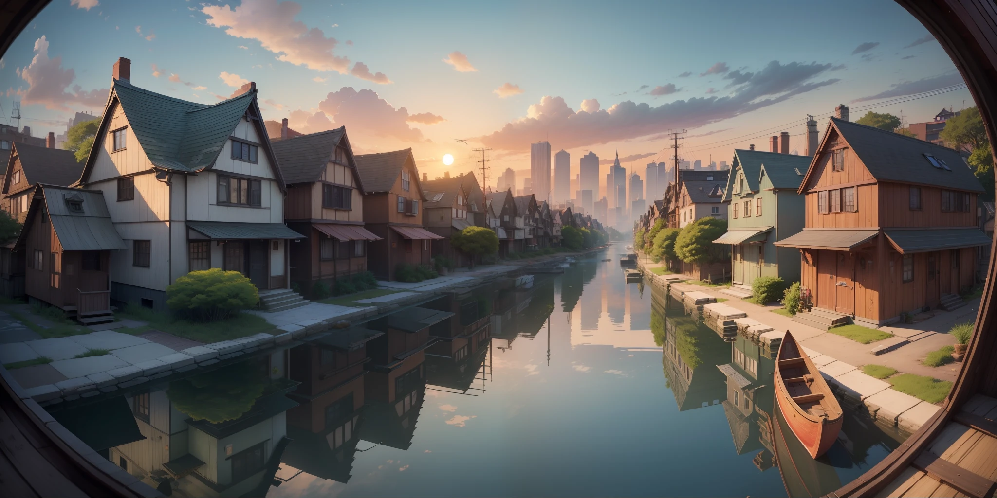 An anime scene that takes place in Brooklyn and has sunset humor. landscape with only houses and architectures. camera closer fisheye lens style. variation in architectural style, not repeat design. old houses and clay roofs. with details of pipes, vegetation and things from the natural world. add small canoes navigating the streets of water