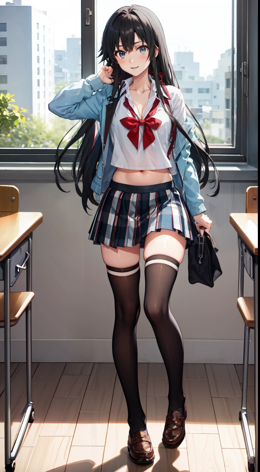 Yukino yukinoshita, long hair, cleavage, navel, slim legs, black hair, blue eyes, short skirt, thigh high socks, teen, happy, school uniform, classroom, Belly, full body