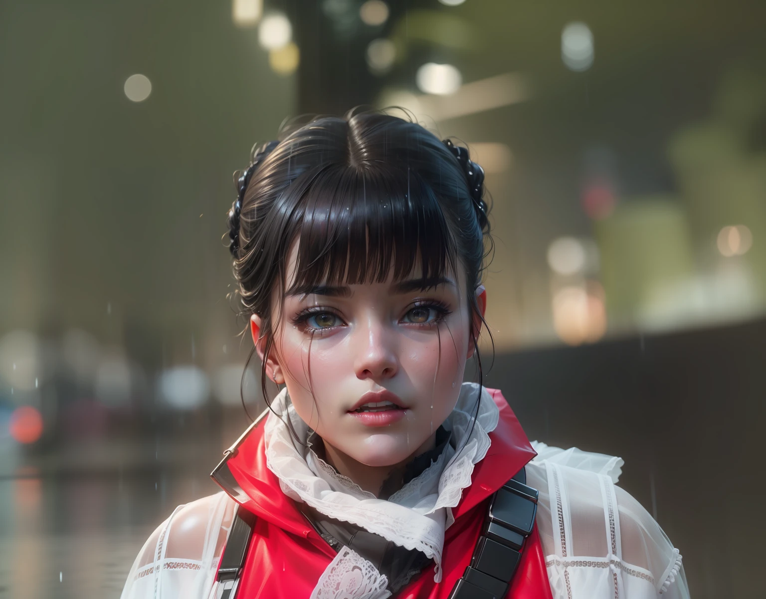 (8k, RAW photo, best quality, masterpiece:1.2), (realistic, photo-realistic:1.37),1girl,cityscape, night, rain, wet, professional lighting, photon mapping, radiosity, Chinese Doll,torn ,chemise, large breasts,nurse, wedding dress Change background cyberpunk realistic face, 8k, ultra realistic,