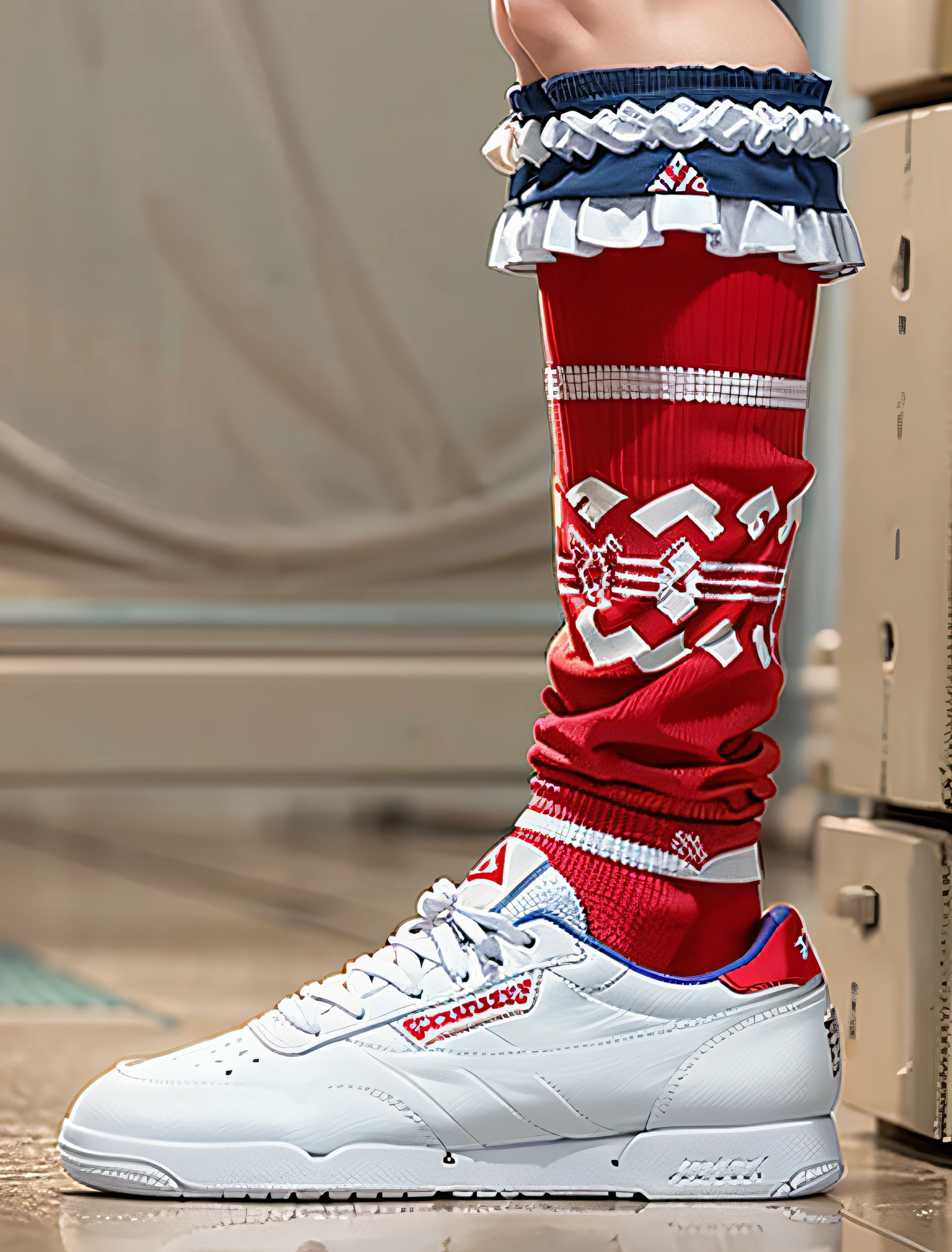 Pie Arafed en zapatillas blancas con calcetines rojos y azules, Calcetines a rayas, Reebok, pierna alta, Calcetines hasta la rodilla, retro 9 0 s, rayas rojas y blancas, usar calcetines hasta las rodillas, Plano completo ( FS ), Calcetines, Patas traseras humanas y zapatillas de deporte, rojaargas