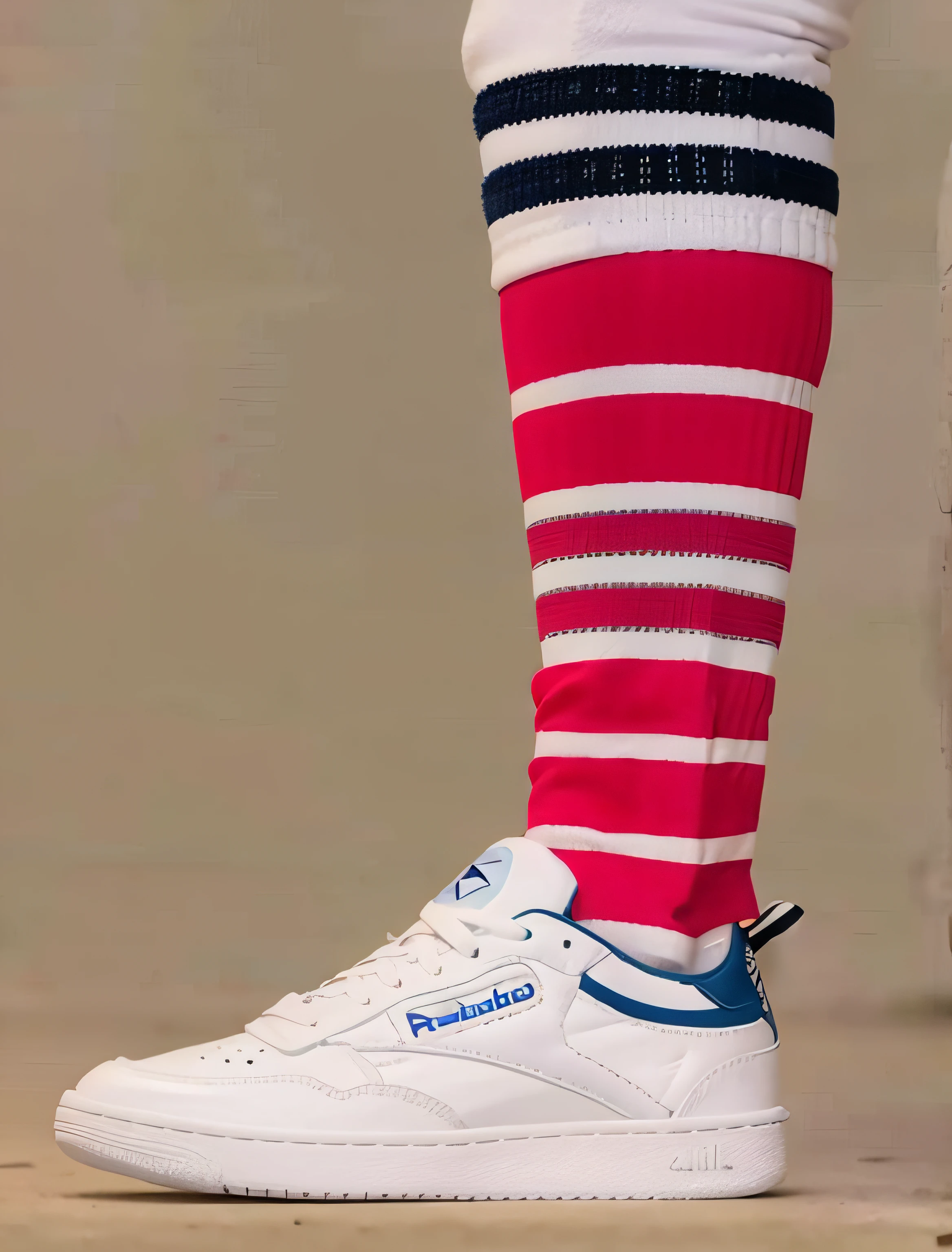 Pie de robot en zapatillas blancas con calcetines rojos y azules, Calcetines a rayas, Reebok, pierna alta, Calcetines hasta la rodilla, retro 9 0 s, rayas rojas y blancas, usar calcetines hasta las rodillas, Plano completo ( FS ), Calcetines, Patas traseras robot y zapatillas de deporte, rojaargas