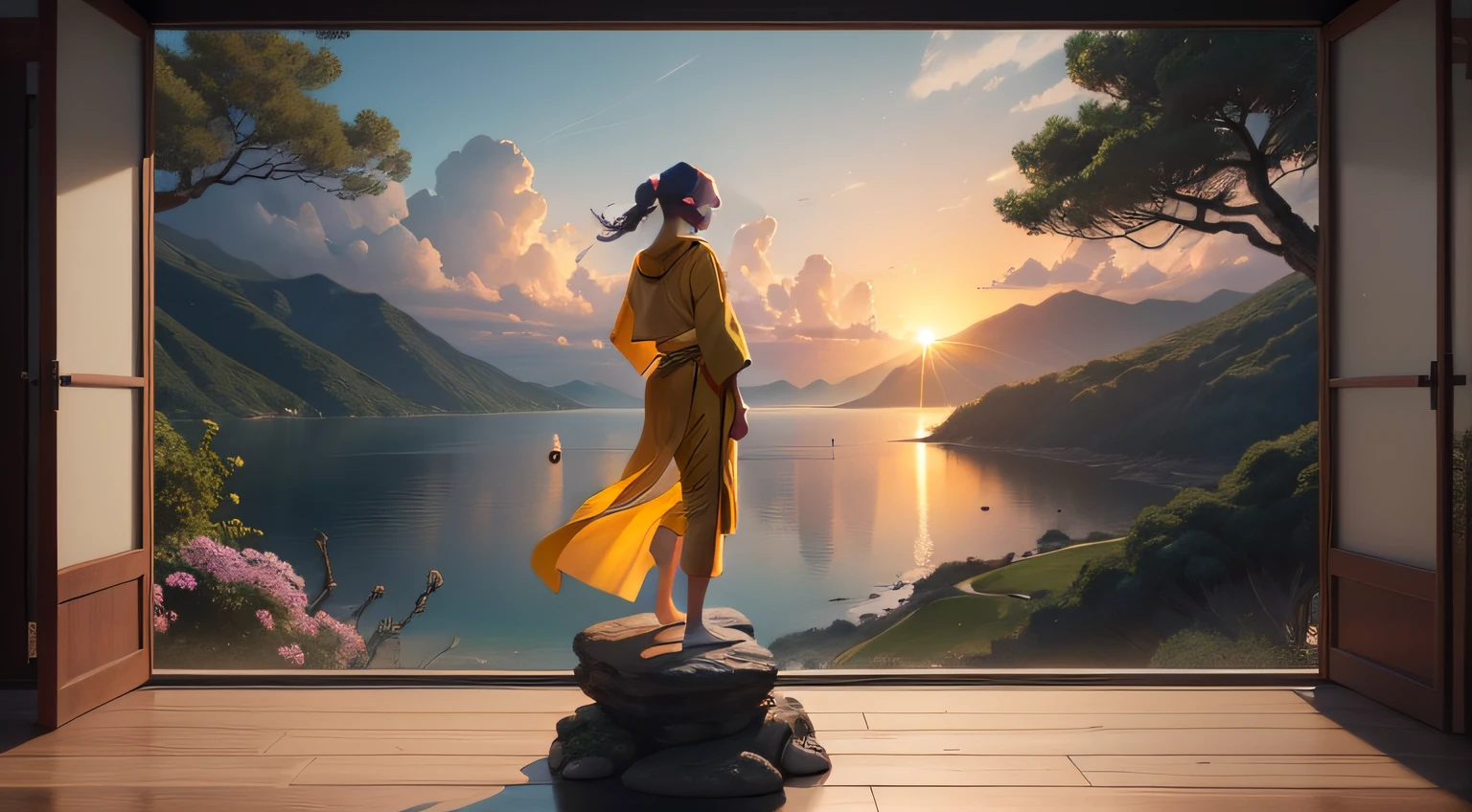 Desenhe uma cena encantadora no estilo de desenho animado (cartoon) that depicts a picturesque and inspiring setting. Na cena, um monge chamado Arafed, vestido com um terno preto, is standing on top of a rock high on a mountain, que se ergue majestosamente diante de uma praia serena. The monk is in an impressive karate pose, exibindo habilidades de arte marcial dignas de um mestre (sifu), with yellow fabrics that dance softly in the wind, adding a touch of motion to the scene.
The scenery around is impressive, com um dojo tradicional situado nas encostas da montanha, surrounded by lush vegetation. The walls of the dojo are decorated with kung-fu motifs, inspirados por Liao Chi-chun, and its floor-to-ceiling windows offer spectacular views of the beach and the sparkling ocean. Arafed is portrayed in a posture that radiates serenity and focus, evocando a sabedoria dos grandes mestres como Zhao Mengfu. Her yellow robes add an aura of spirituality and light to the scene, lembrando o poder do avatar Aang.
Ao fundo, The sun sets gently on the horizon, Painting the sky with golden and pink tones, creating an atmosphere of tranquility and contemplation. Arafed, com suas habilidades de monge fisting, parece estar em perfeita harmonia com a natureza ao seu redor, connecting with the essence of the universe through your deep meditation.
This image depicts the fusion between Arafed's inner strength and the majesty of nature, Capturing a magical moment of serenity, disciplina e autodescoberta.