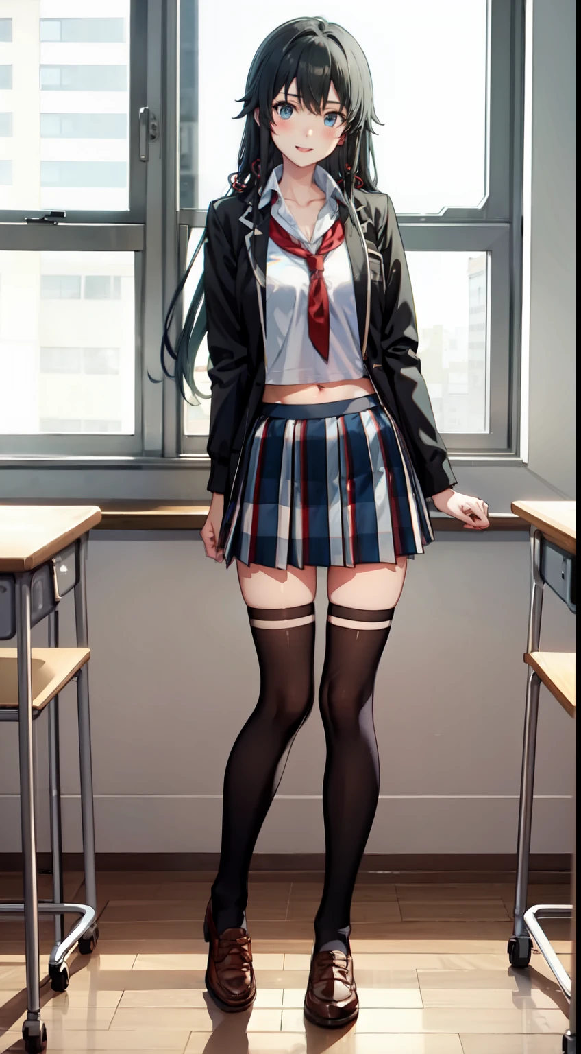 Yukino yukinoshita, long hair, cleavage, navel, slim legs, black hair, blue eyes, short skirt, thigh high socks, , happy, school uniform, classroom, Belly, full body