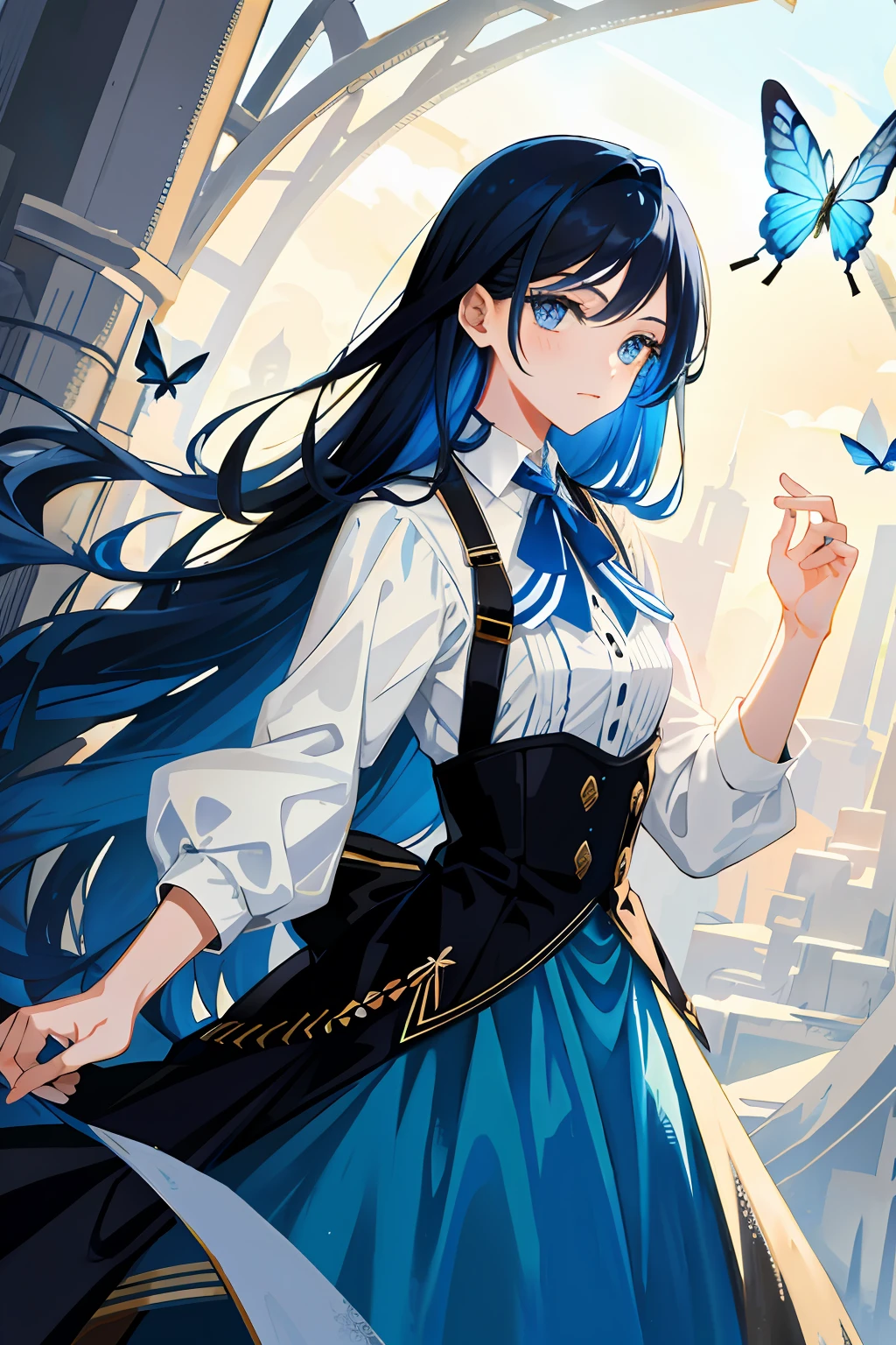 tmasterpiece,Need,illustration,blue color eyes,Long hair with a gradient from black to blue,Blue vintage dress,steampunc,Vintage feel,Flying blue butterflies