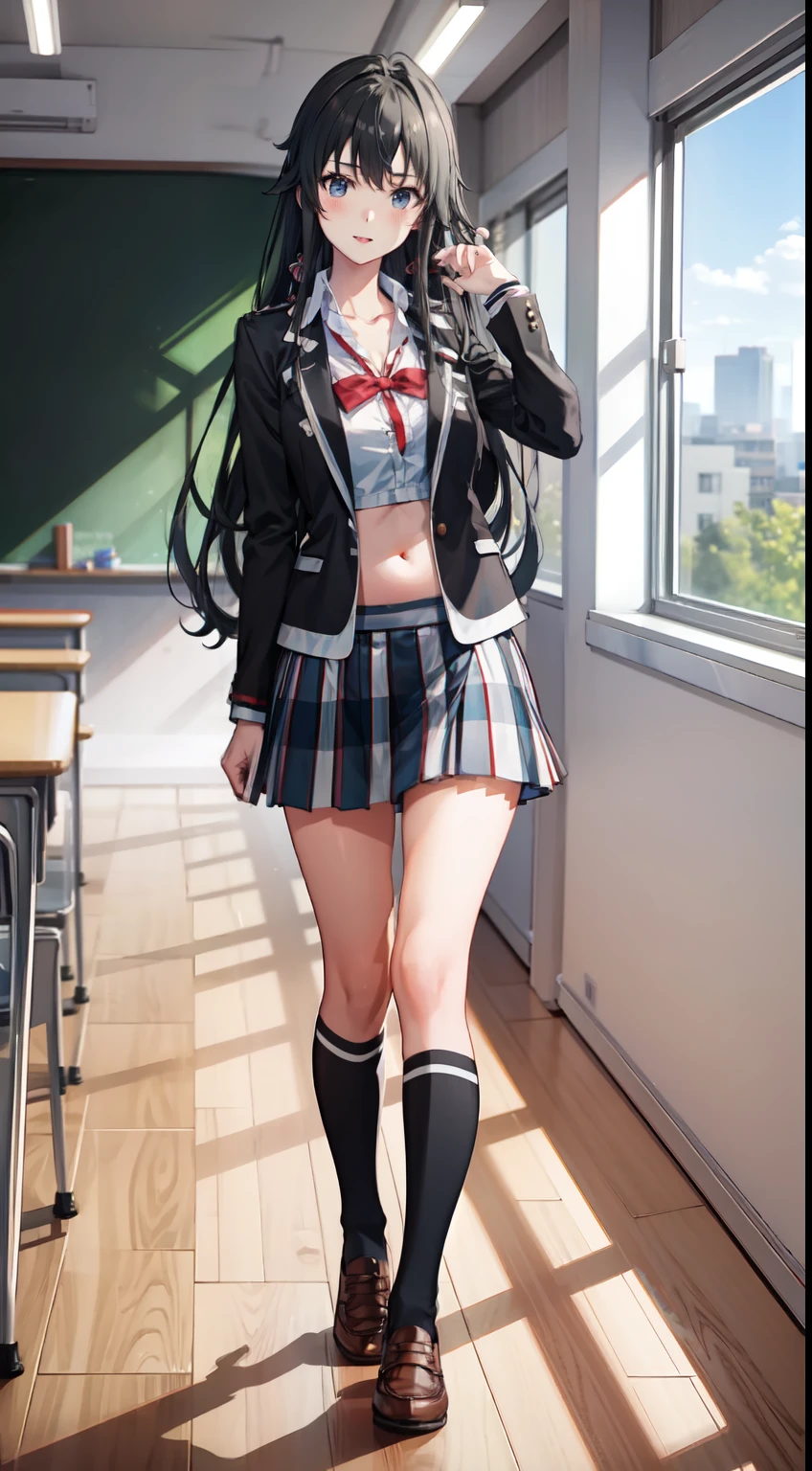 Yukino yukinoshita, long hair, cleavage, navel, slim legs, black hair, blue eyes,  short skirt, thigh high socks, , happy, school uniform, classroom, Belly, full body