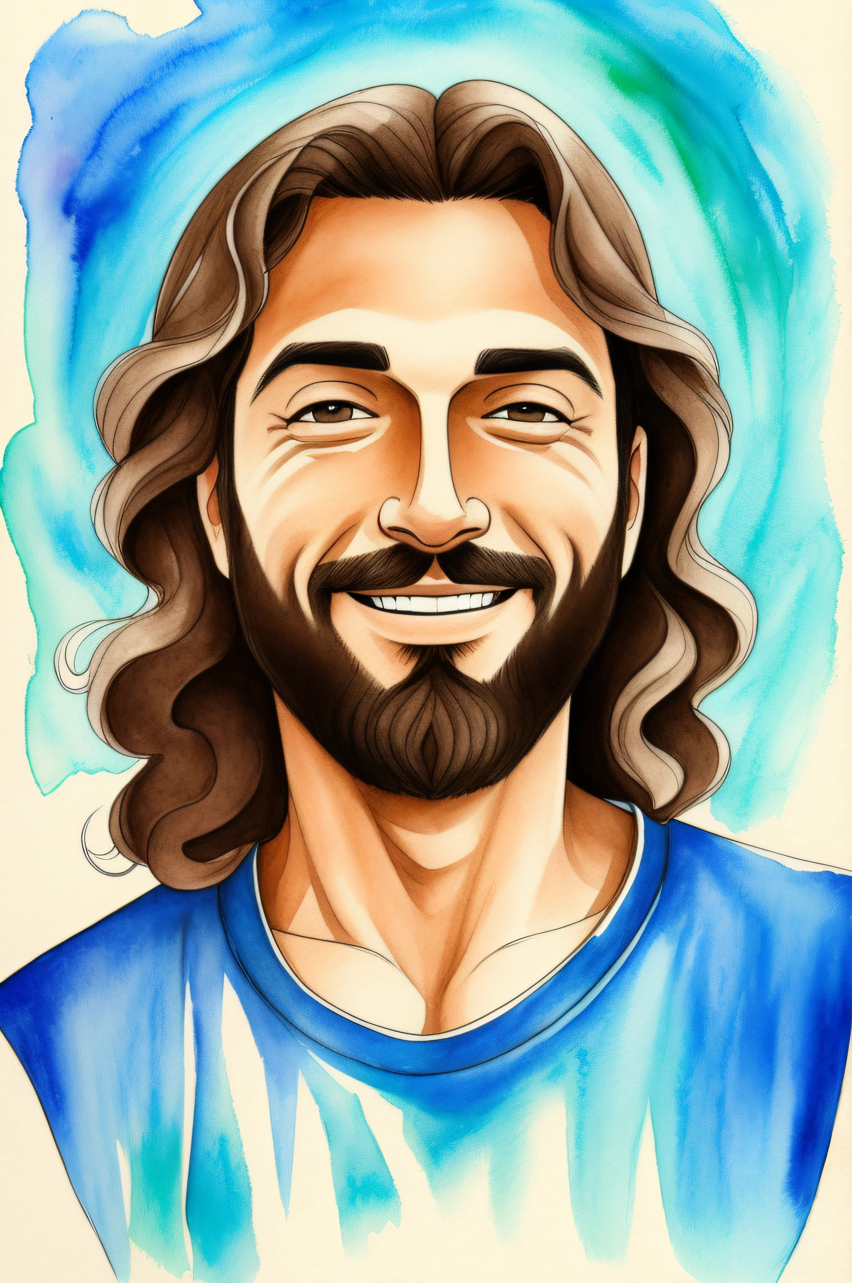 Jesus sorrindo, Centrado, centro da imagem, panoramic scene, fundo preto, tela preta, criativo, sketch art, Aquarela, colorido, arte da camiseta, Desenho Vetorial.