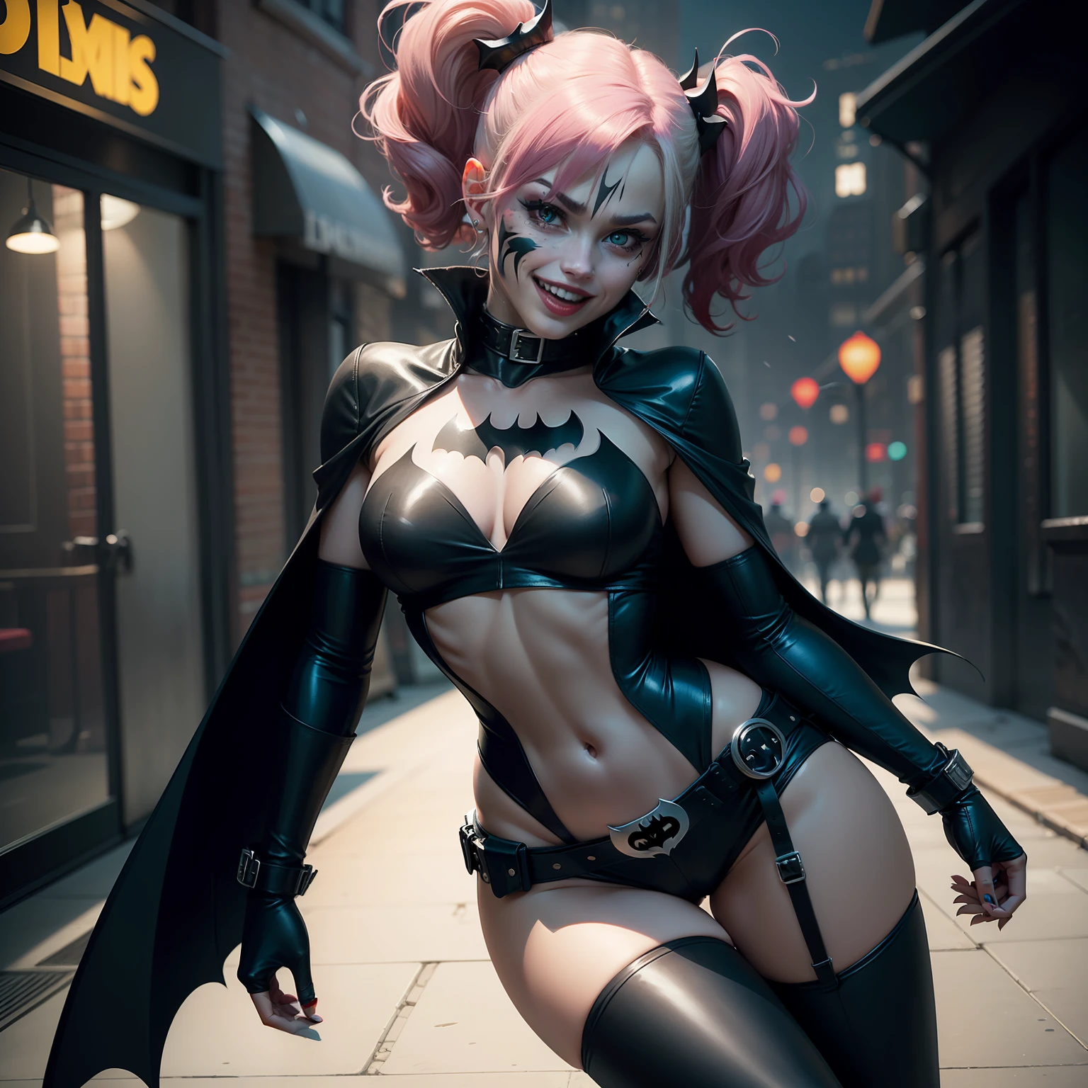 Harley Quinn appears in a surprising new version, this time wearing the iconic Batman outfit. She embraces the dark style of the Dark Knight, with a fun and bold twist typical of his own way of being. The classic Batman mask now features comic and colorful details, with Harley Quinn's characteristic face paint, creating a unique fusion between the two characters.
His outfit is a deft mix between Batman's sleek, dark costume and Harley Quinn's eccentric and flamboyant attire. She wears a flowing cape and a leather jacket with black and red accents. The tight pants and quirky accessories add a distinct touch "Harley" to the appearance of the Bat.
Armed with its characteristic hammer, but now with a stylization inspired by the Bat-symbol, Batman's Harley Quinn is ready to spread chaos and fun on the streets of Gotham. His wry and mischievous smile reflects his unique and unpredictable personality, while she retains the same endearing charm that has made her so beloved by fans.
In this version, she's a formidable force who perfectly balances Batman's cunning with Harley Quinn's unpredictability and manic joy. Her hybrid style and unmistakable attitude make her a unique and fascinating figure in the world of Gotham City's superheroes and villains.