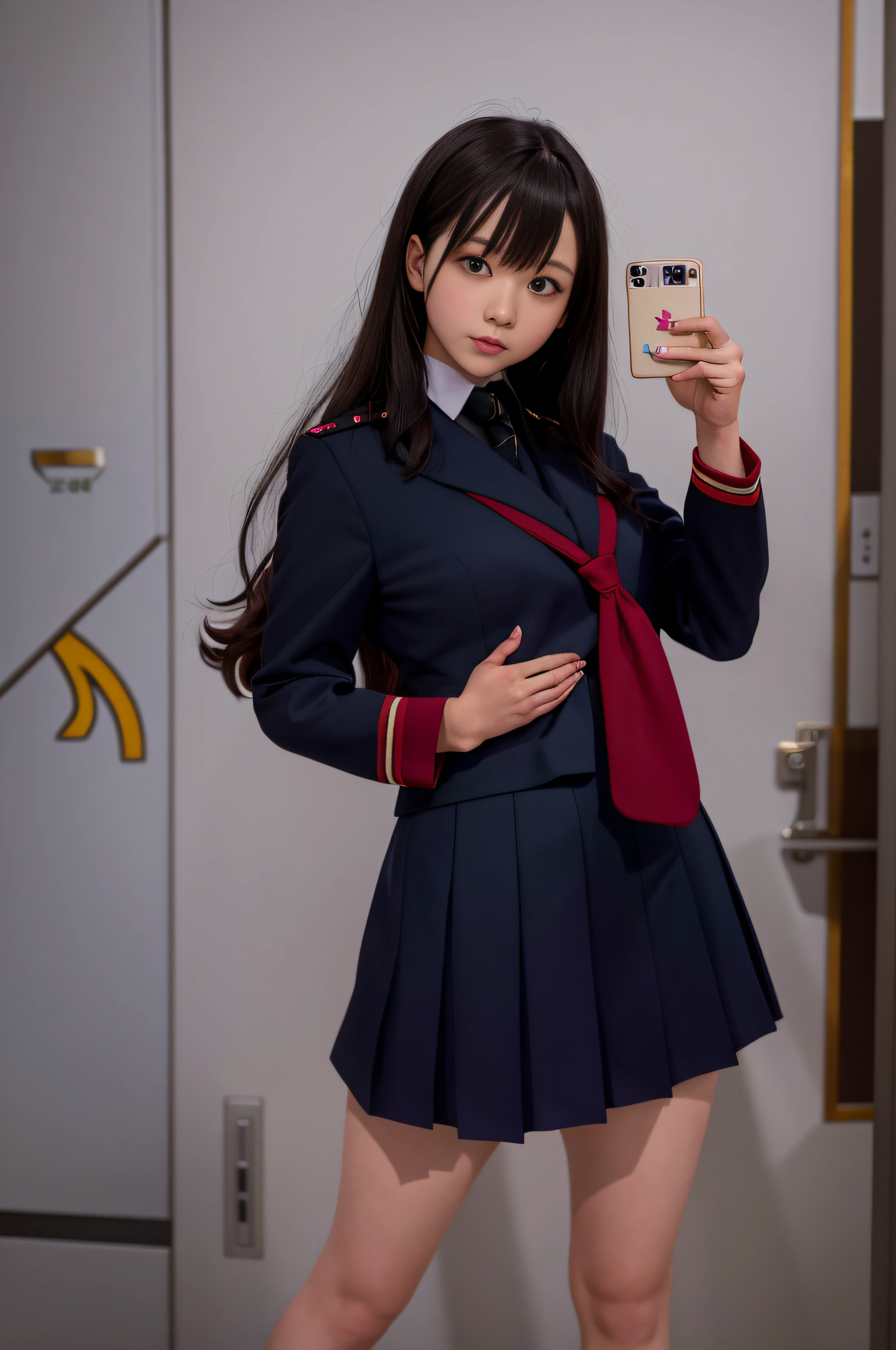 there is a woman in a uniform posing for a picture, taken with canon 5d mk4, Seifuku, sakimichan hdri, of a schoolgirl posing, taken with canon eos 5 d mark iv, taken with a canon eos 5 d, closeup Iwakura Lain, chiho, japanese girl school uniform, mayuri shiina