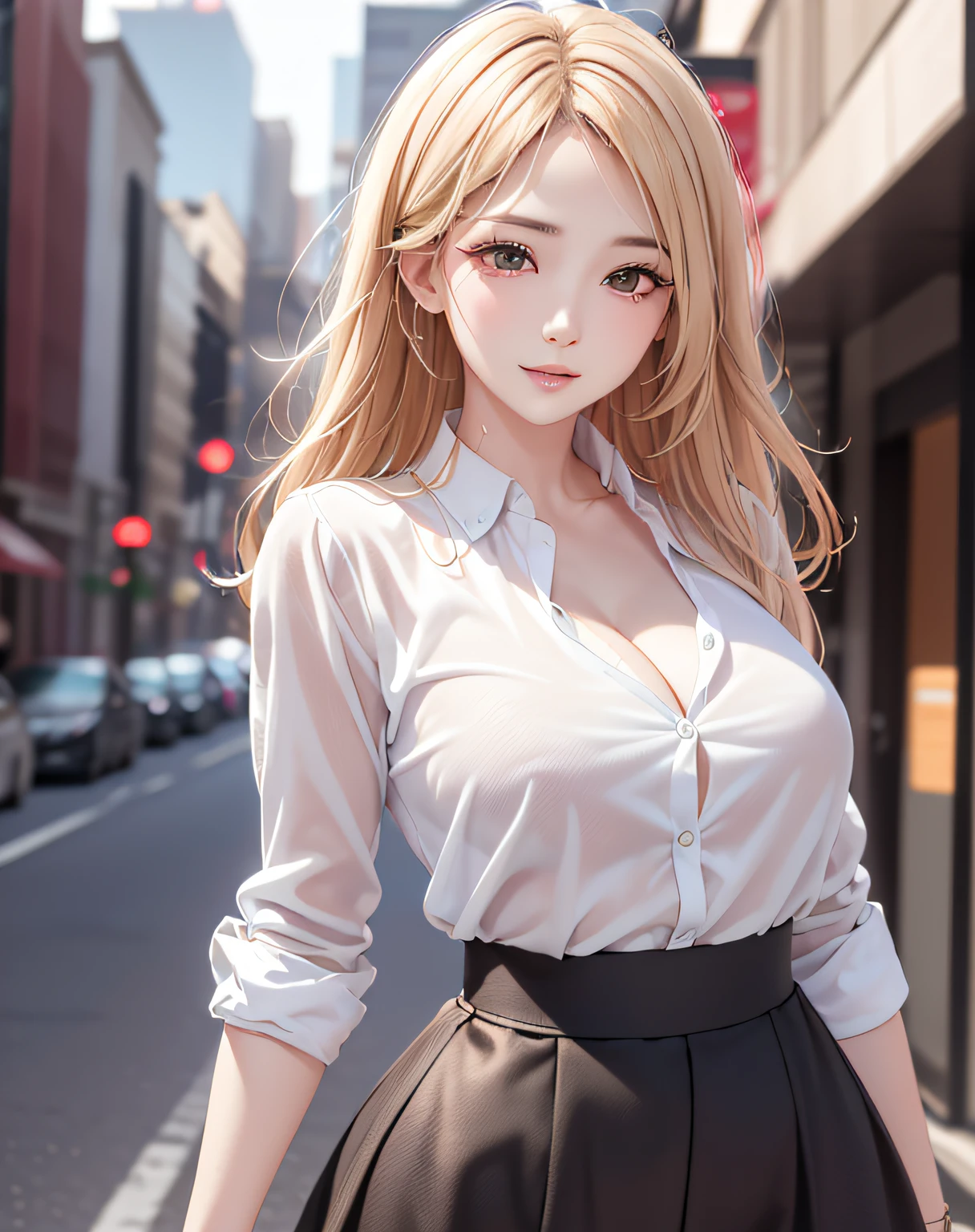 (scretary:1.5, midtown street background:1.5, standing on turn-table:1.5), photo realistic, anime style, (8k, RAW photo, best quality, masterpiece:1.2), High detail RAW color photo, professional photograph, cowboy shot, (realistic, photo realistic:1.37),cinematic light, (finery detailed face:1.2), cowboy shot, thigh 1 girl in bath, 38-48 years old, very cute, very beautiful, photo realistic, event companion, BREAK, white oily skin, real human skin, (detailed face), oval face, pores, round eyes:1.0, ultra high res, BREAK, slim, (medium-large-breast:1.37, cleavage:1.07), (looking straight at viewer with a serene and goddess-like happiness:1.2), (lifter gloss, eyelashes, gloss-face, best quality, ultra highres, Broad lighting, natural shading), (beautiful thin blonde hair, messy hair:1.3), BREAK, (secretary clothes:1.3, white collared shirt;1.3, black high-waist pencil-long-skirt:1.3, cotton long-skirt), BREAK, ((show case:1.5, standing in the street1.5)), ((from saide:1.3, show girl posing1.5)), blurry background, bokeh, depth of field, cowboy shot:1.3, centered image,