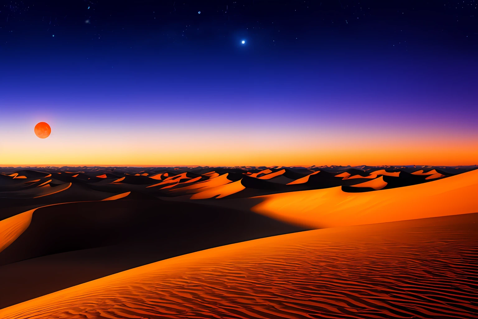 A Dawn Desert With Purple Stars And red Moon