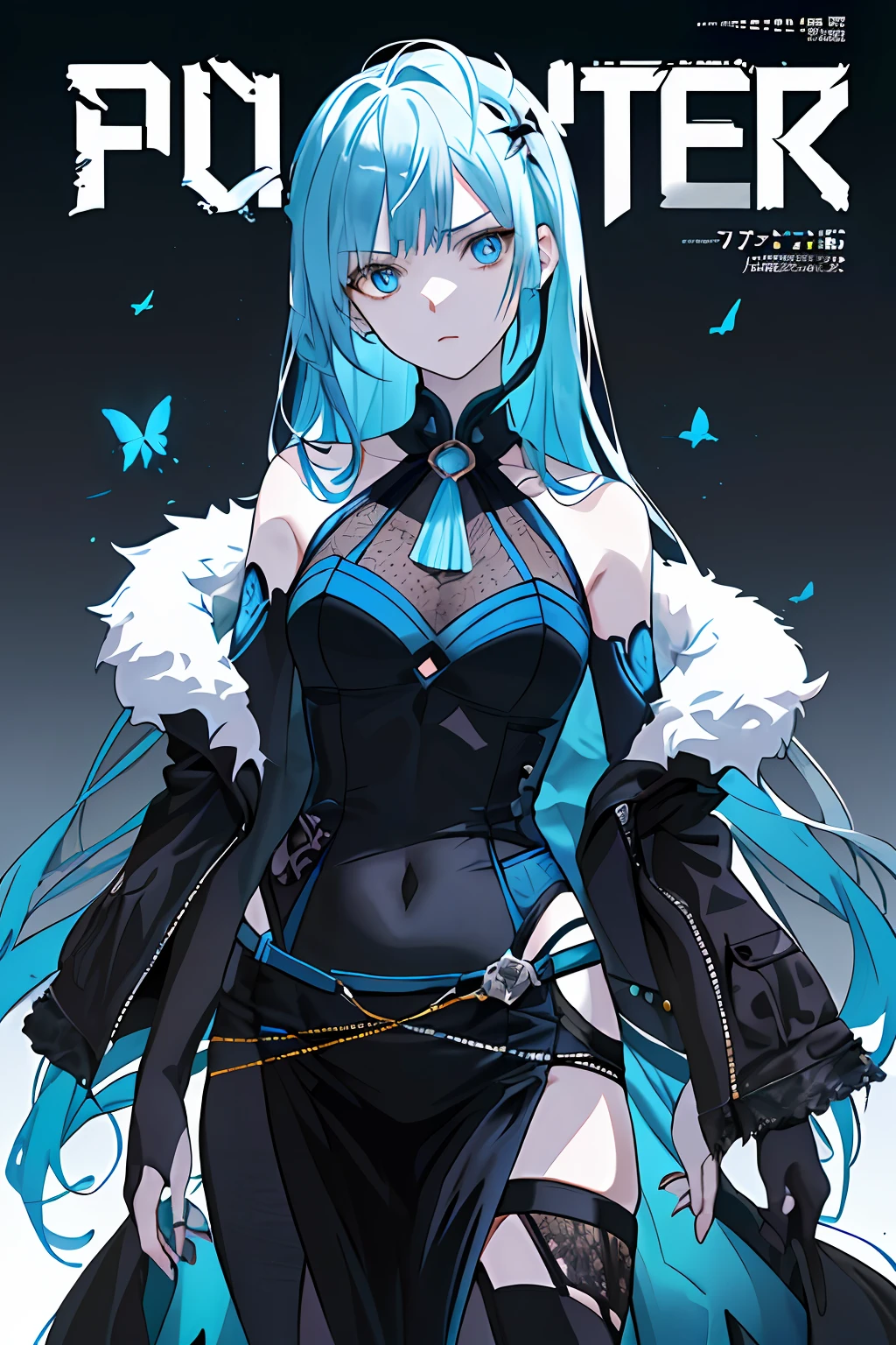 ((((Dramatic))), (((grittiness))), (((Intense))) The movie poster features a young woman as the central character。Long hair with a gradient from black to blue,blue color eyes,Blue butterflies fly,She stands confidently in the center of the poster,Wear fashion-forward blue clothing,with a determined expression on her face。The background is dark and gritty,There is a sense of danger and a strong feeling。The color palette is dominated by dark colors,Dotted with bright colors,Make the poster dynamic and visually striking,tachi-e (Magazines:1.3), (Cover-style:1.3), Fashionab, woman, vibrant, Outfit, posing on a, Front,rich colourful,dyna,Background with,element in,self-assured,Expressing the,halter,statement,Attachment,A majestic,coil,Runt,Touching pubic area,Scenes,text,Cover of a,boldness,attention-grabbing,titles,Fashionab,,more big,Smart、moderno、Trendy、focus-on、Fashionab、