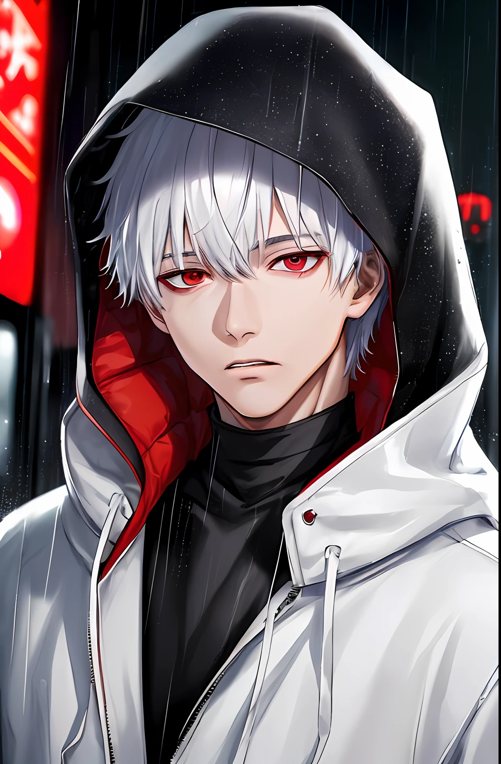 kk, best quality, more details, masterpiece, 1boy, kaneki ken, portrait, male focus, red eyes, solo, bangs, looking at viewer, hood, short hair, rain, tokyo tokyo \(city\), hood up, nail polish, white hair, luxurious, 8k, detailed, ray tracing, depth of field, cinematic lighting,