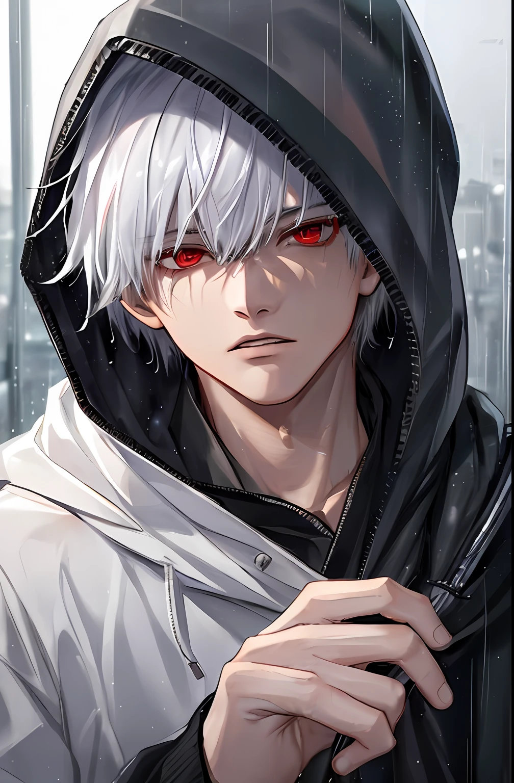 kk, best quality, more details, masterpiece, 1boy, kaneki ken, portrait, male focus, red eyes, solo, bangs, looking at viewer, hood, short hair, rain, tokyo tokyo \(city\), hood up, nail polish, white hair, luxurious, 8k, detailed, ray tracing, depth of field, cinematic lighting,