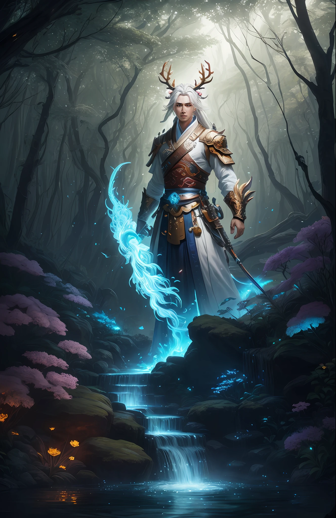 Masterpiece, best quality, (very detailed CG unified 8k wallpaper), (best quality), (best illustration), (best shadow), close-up of a beauty with white hair and white mask, beautiful figure painting, Guvitz, Guwiz style artwork, white-haired god, Yang J, epic exquisite character art, amazing character art, Fan Qi, Wu Zhun Shifan, Guwiz in pixiv art station, glowing elf, with a glowing deer, drinking water in the pool, Natural elements in forest theme. Mysterious forest, beautiful forest, nature, surrounded by flowers, delicate leaves and branches surrounded by fireflies (natural elements), (jungle theme), (leaves), (branches), (fireflies), (particle effects) and other 3D, Octane rendering, ray tracing, super detailed
