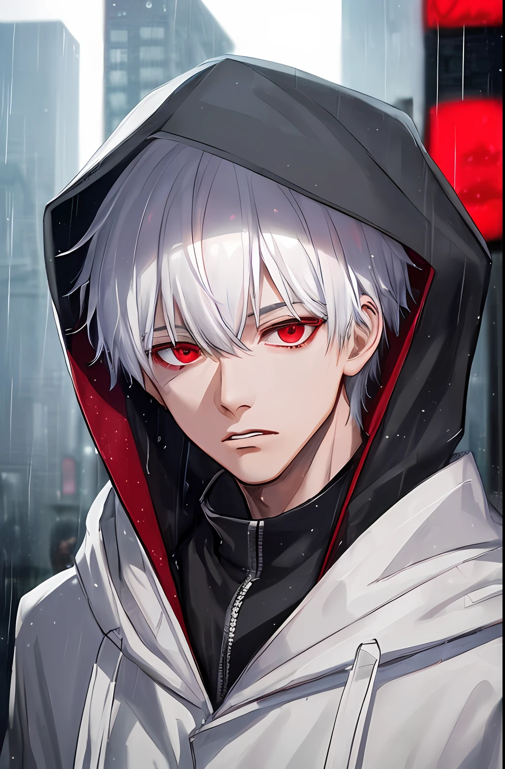 kk, best quality, more details, masterpiece, 1boy, kaneki ken, portrait, male focus, red eyes, solo, bangs, looking at viewer, hood, short hair, rain, tokyo tokyo \(city\), hood up, nail polish, white hair, luxurious, 8k, detailed, ray tracing, depth of field, cinematic lighting,