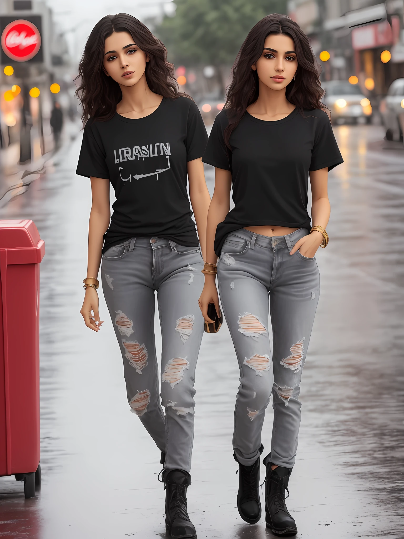alluring stuning gorgeous posing european drunk homeless sexy Arabian lady ((dirty))ripped ripped tight jeans with lose baggy tee-shirt, regular fit white Tee-shirt, Black plain Tee-shirt, intricate enviroment, intricate texture of skin, food waste, trash, garbage, night, night street lights, carton boxes, cute face, sexual intention, toned legs, long length black tee-shirt, short sleeves basic, Grey tee-shirt long length, ankle boots, middle eastern 22 years old fashion girl, wavy hairstyle, detailed eye's, nose and lips, detailed hands and fingers, baggy long Teeshirt, perfact body, walking style middle eastern beautiful girl, carrying leather hand bags, wearing gold bracelet, golden watch, coca-cola billboard ad in background, wet road, after rain atmosphere.