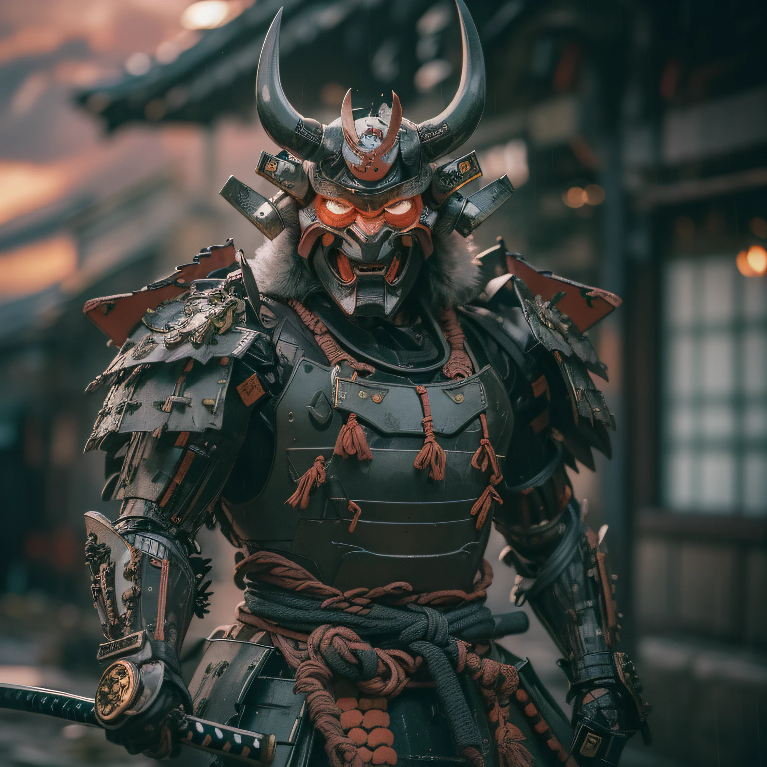 (masterpiece, ultra-high resolution:1.4), (photo of a mecha samurai wearing demon oni mask, full mecha samurai armor, head down, in village, full body shot,:1.3), Mechanical Wonder, Robotic Presence, Cybernetic Guardian, katana on both hands,dramatic , heavy rain, sunset, dark clouds , mask and armor highly detailed, (japanese cyberpunk samurai armor and helm), (tall stature and muscular body:1.4), (Sony Alpha 1 camera, renowned for capturing the highest level of detail in a photo:1.3), (the samurai's cyber oni mask with perfect symmetry and flawless features:1.2), (standing with a commanding presence amidst the battlefield:1.1), emphasize of the mechanical armor, Cinematic, Hyper-detailed, insane details, Beautifully color graded, Unreal Engine, DOF, Super-Resolution, Megapixel, Cinematic Lightning, Anti-Aliasing, FKAA, TXAA, RTX, SSAO, Post Processing, Post Production, Tone Mapping, CGI, VFX, SFX, Insanely detailed and intricate, Hyper maximalist, Hyper realistic, Volumetric, Photorealistic, ultra photoreal, ultra-detailed, intricate details, 8K, Super detailed, Full color, Volumetric lightning, HDR, Realistic, Unreal Engine, 16K, Sharp focus, Octane render