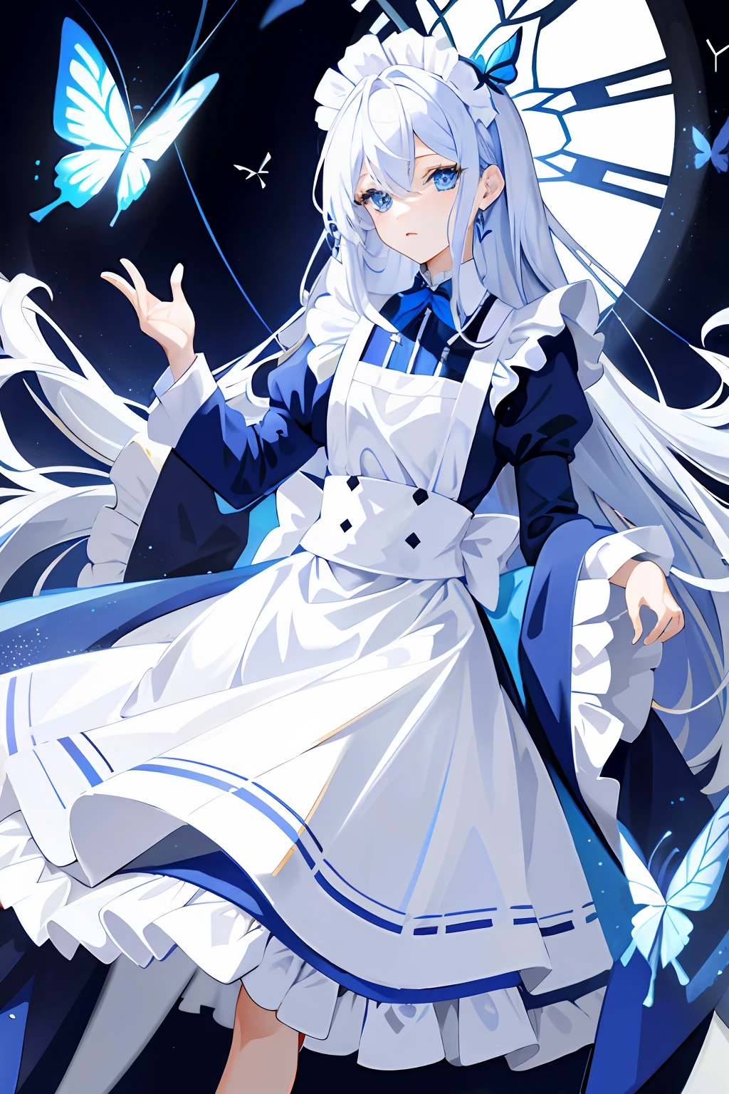 tmasterpiece,Need,illustration,blue color eyes,long white hair,the maid outfit,Elegant and playful and sexy,Flying blue butterflies