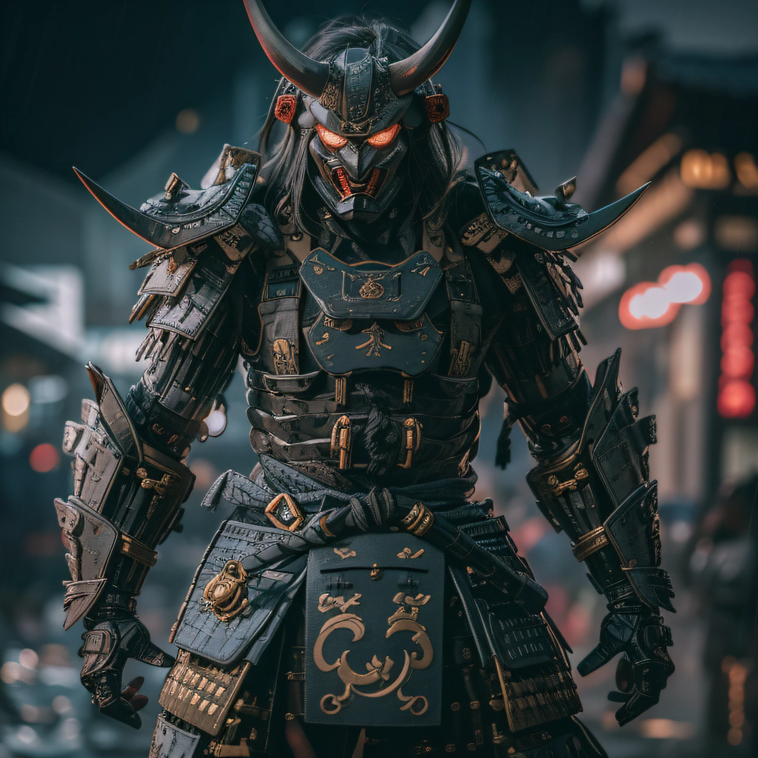 (masterpiece, ultra-high resolution:1.4), (photo of a mecha samurai wearing demon oni mask, full mecha samurai armor, head down, in village, full body shot,:1.3), Mechanical Wonder, Robotic Presence, Cybernetic Guardian, katana on both hands,dramatic , heavy rain, sunset, dark clouds , mask and armor highly detailed, (japanese cyberpunk samurai armor and helm), (tall stature and muscular body:1.4), (Sony Alpha 1 camera, renowned for capturing the highest level of detail in a photo:1.3), (the samurai's cyber oni mask with perfect symmetry and flawless features:1.2), (standing with a commanding presence amidst the battlefield:1.1), emphasize of the mechanical armor, Cinematic, Hyper-detailed, insane details, Beautifully color graded, Unreal Engine, DOF, Super-Resolution, Megapixel, Cinematic Lightning, Anti-Aliasing, FKAA, TXAA, RTX, SSAO, Post Processing, Post Production, Tone Mapping, CGI, VFX, SFX, Insanely detailed and intricate, Hyper maximalist, Hyper realistic, Volumetric, Photorealistic, ultra photoreal, ultra-detailed, intricate details, 8K, Super detailed, Full color, Volumetric lightning, HDR, Realistic, Unreal Engine, 16K, Sharp focus, Octane render